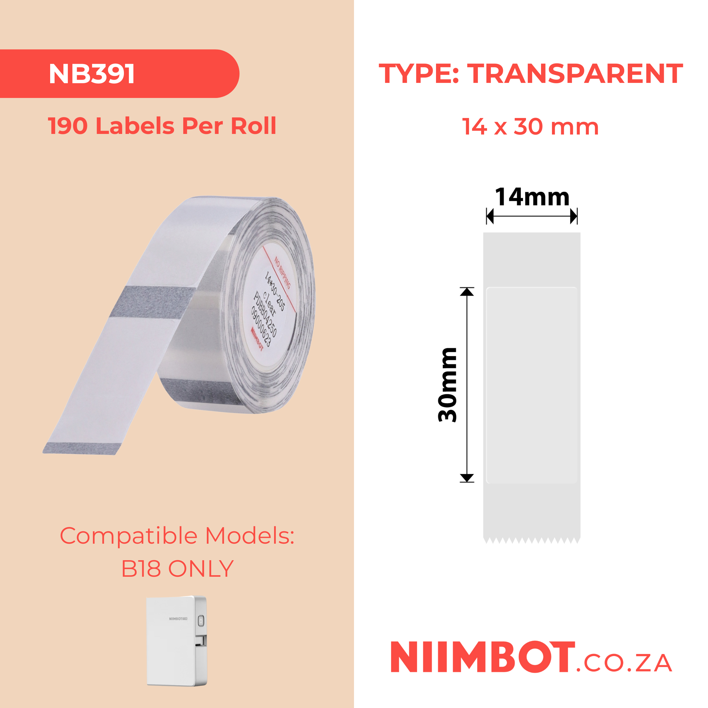 NB391 - NIIMBOT - B18 / N1 - ET14*30MM - 190 LABELS PER ROLL - TRANSPARENT