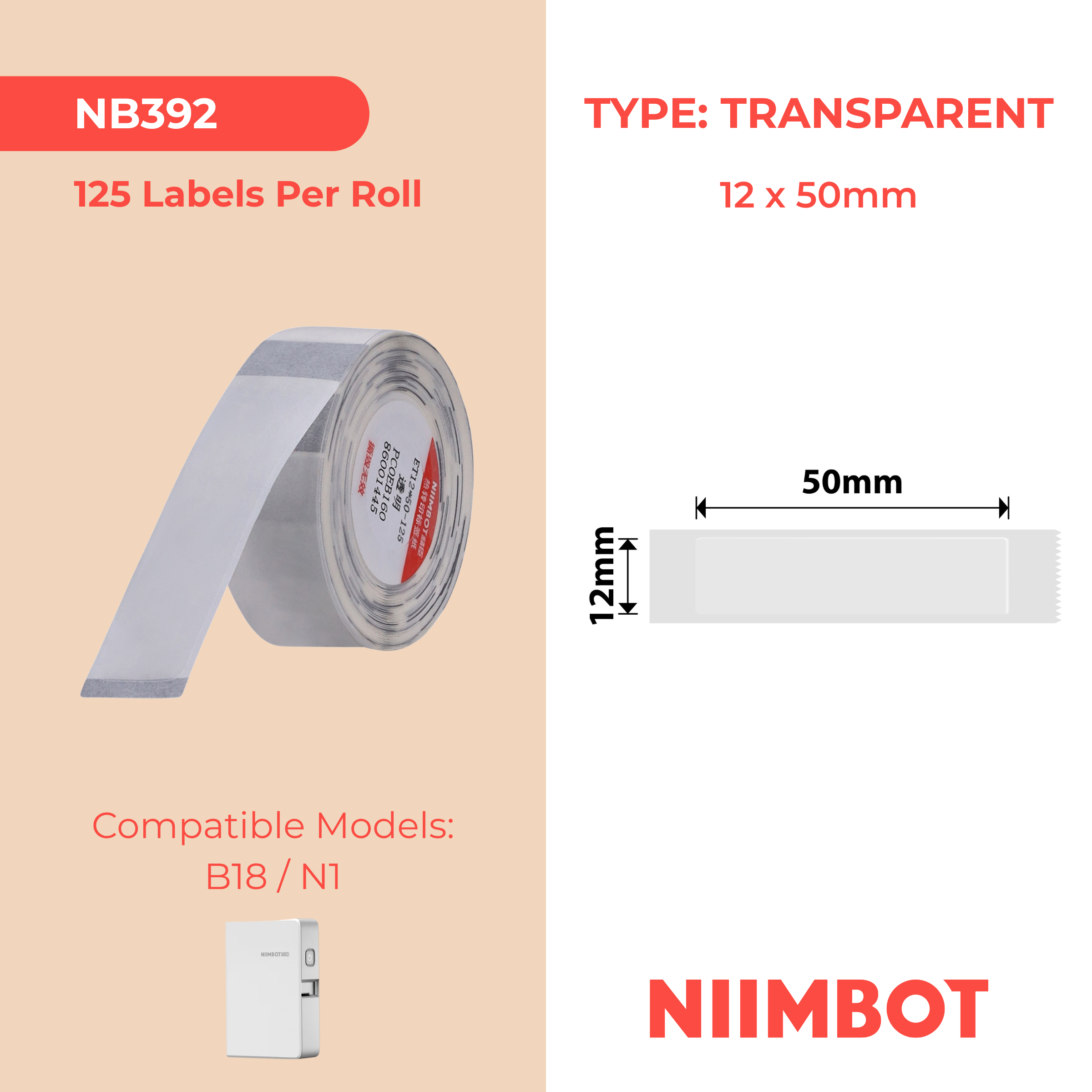 NB392 - Niimbot - N1 - 12x50mm - 125 Transparent Labels