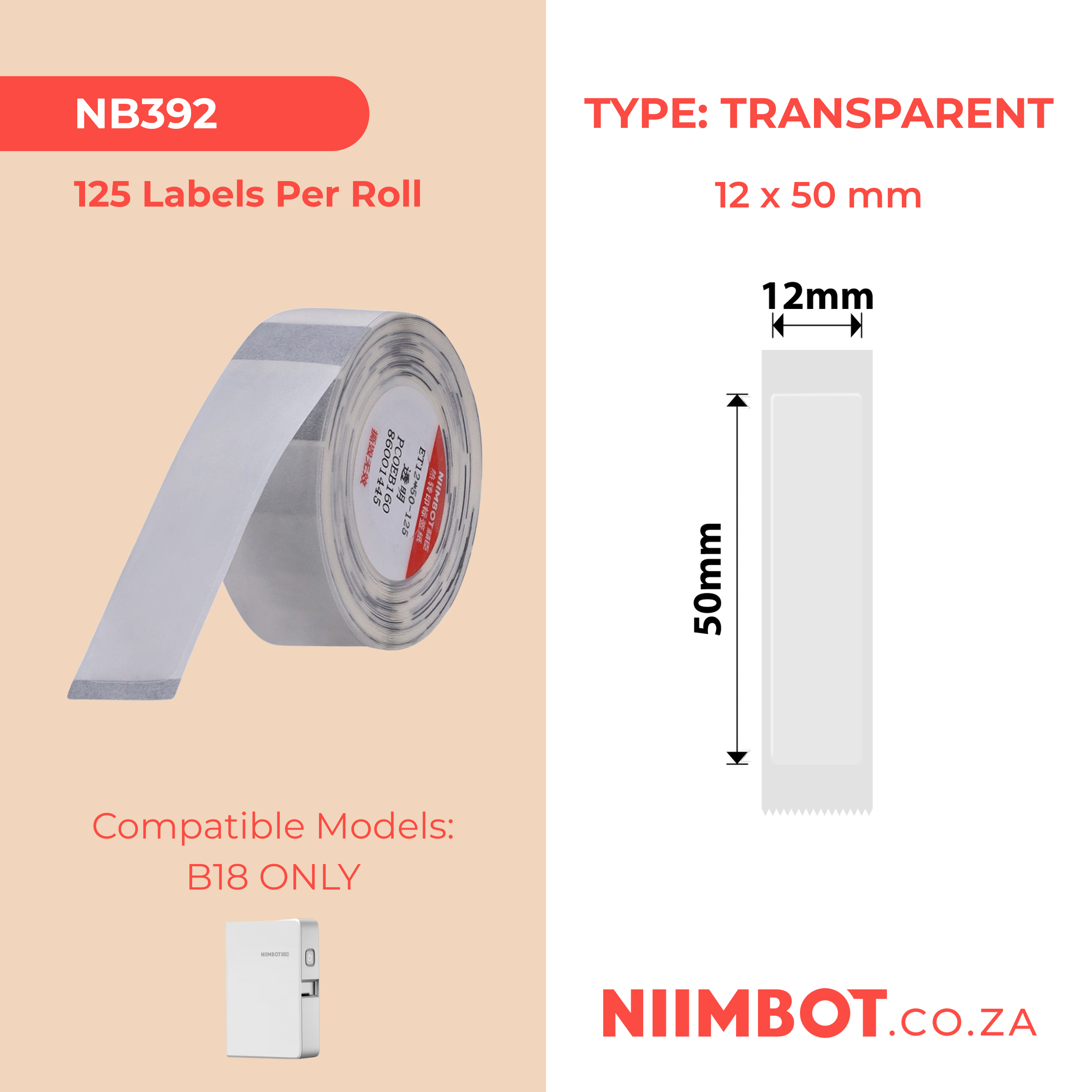 NB392 - NIIMBOT - B18 / N1 - ET12*50MM - 125 LABELS PER ROLL - TRANSPARENT