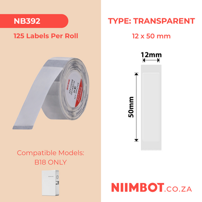 NB392 - NIIMBOT - B18 / N1 - ET12*50MM - 125 LABELS PER ROLL - TRANSPARENT
