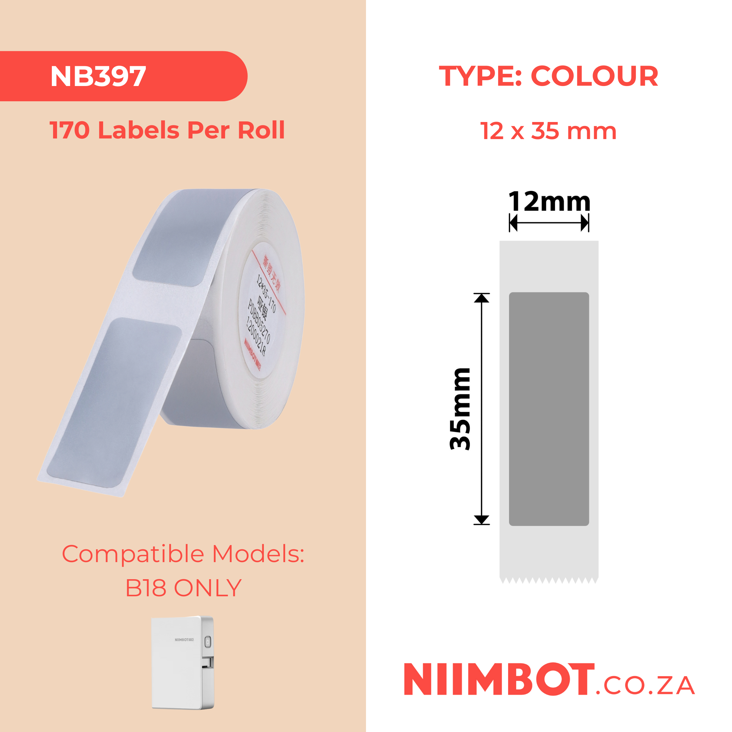 NB397 - NIIMBOT - B18 / N1 - ES 12*35mm -170 LABELS PER ROLL -  SILVER