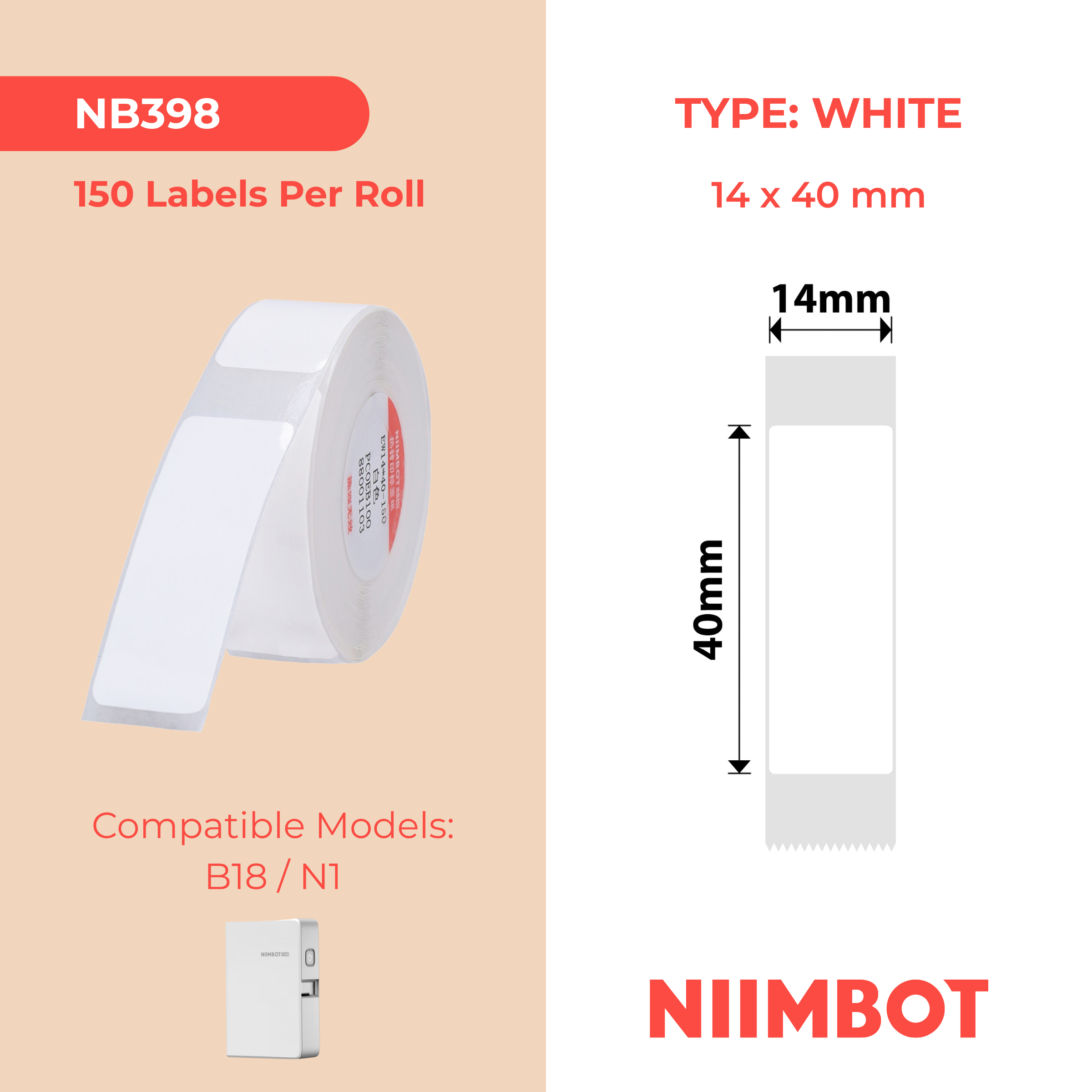 NB398 - Niimbot - N1 - 14x40mm - 150 White Labels