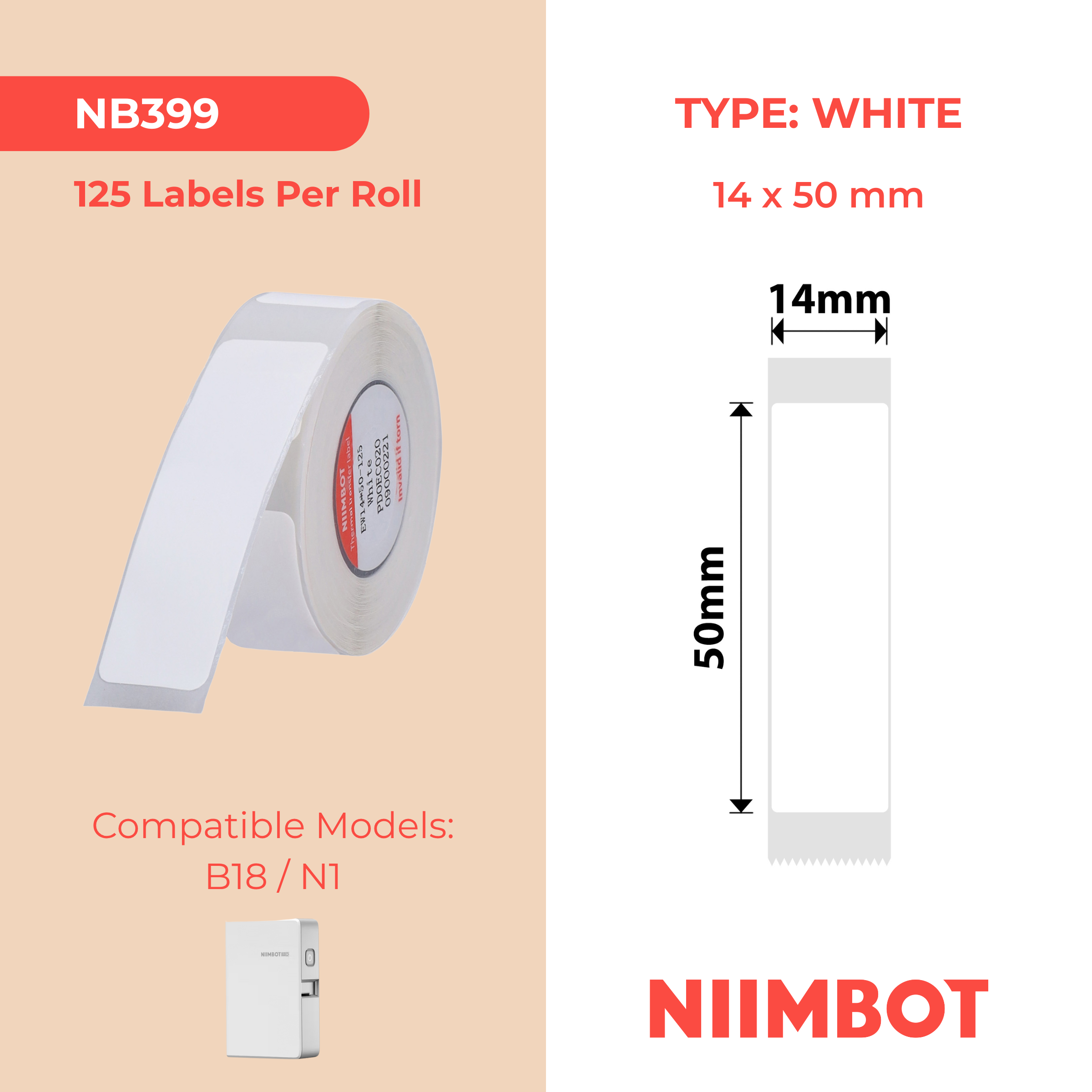 NB399 - Niimbot - N1 - 14x50mm - 125 White Labels