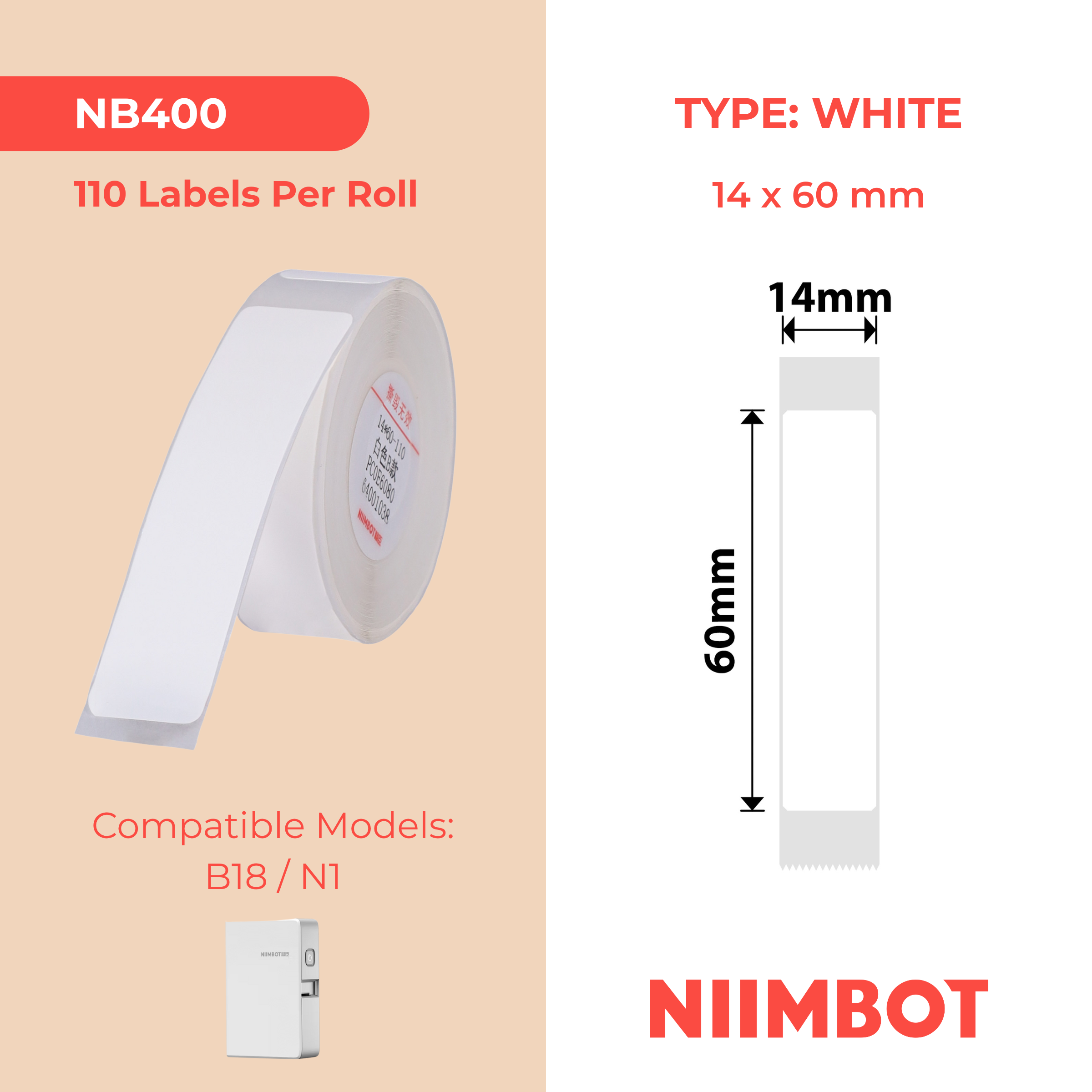 NB400 - Niimbot - N1 - 14x60mm - 110 White Labels
