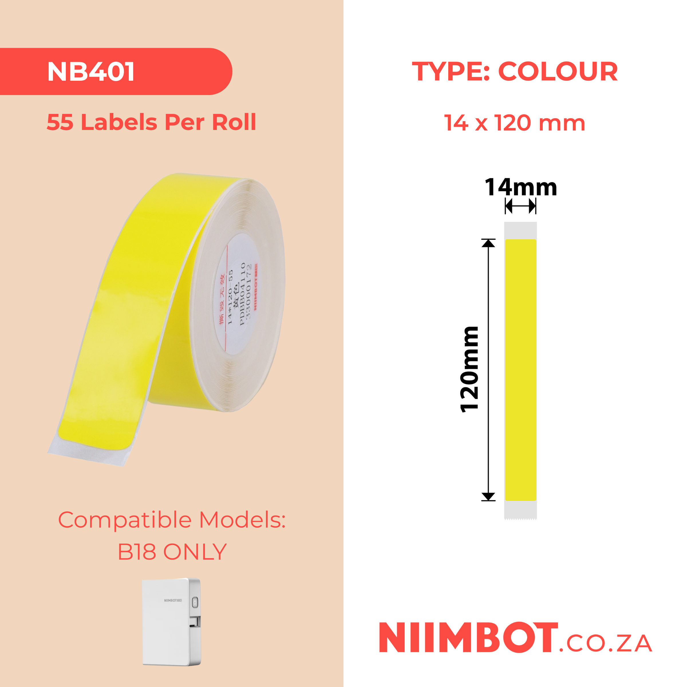 NB401 - NIIMBOT - B18 / N1 - EW14*120mm - 55 LABELS PER ROLL - YELLOW