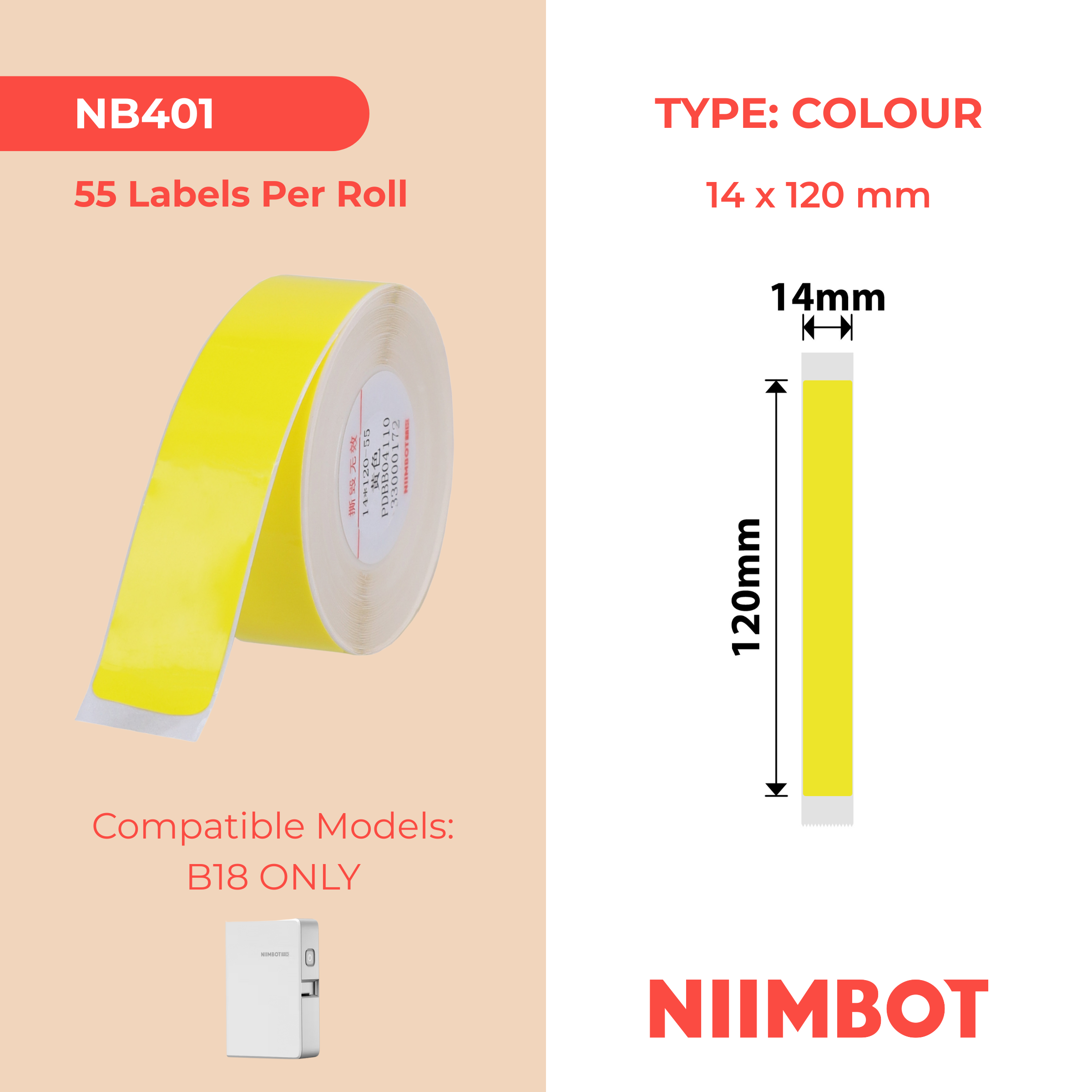 NB401 - NIIMBOT - B18 / N1 - EW14X120mm - 55 LABELS PER ROLL - YELLOW