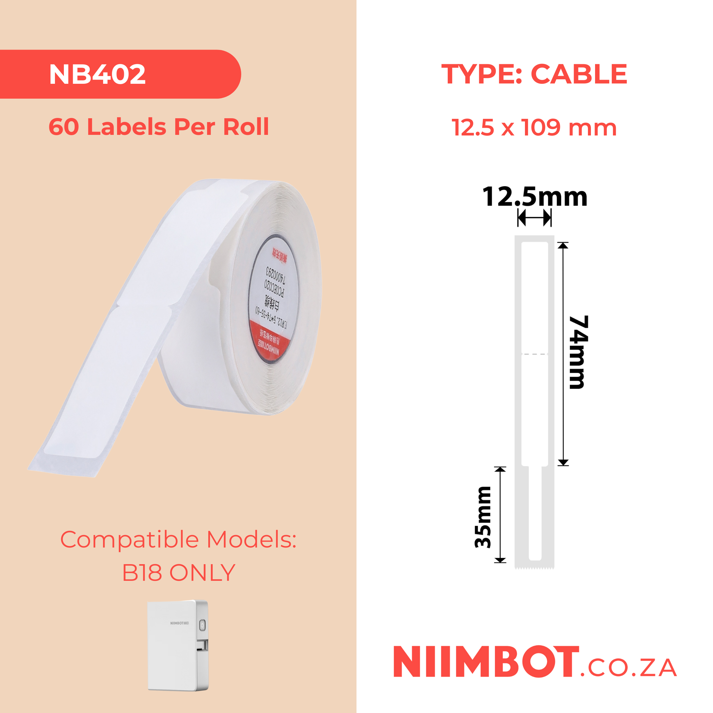 NB402 - NIIMBOT - B18 / N1 - EW12.5*109mm -60 LABELS PER ROLL - WHITE - CABLE