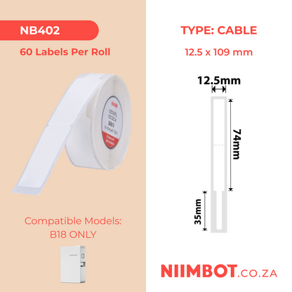NB402 - NIIMBOT - B18 / N1 - EW12.5*109mm -60 LABELS PER ROLL - WHITE - CABLE