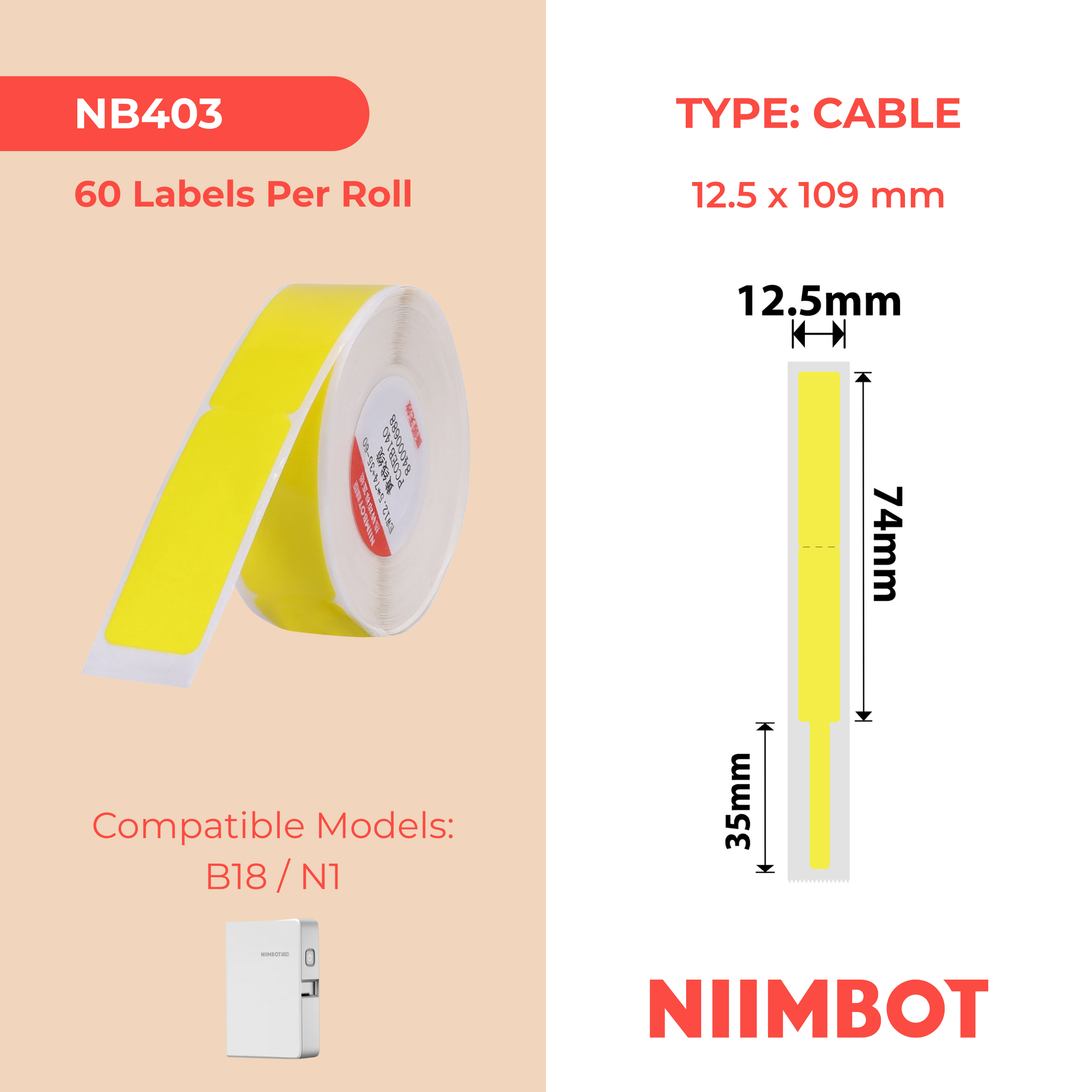 NB403 - Niimbot - N1 - 12.5x109mm - 60 Yellow Cable Labels