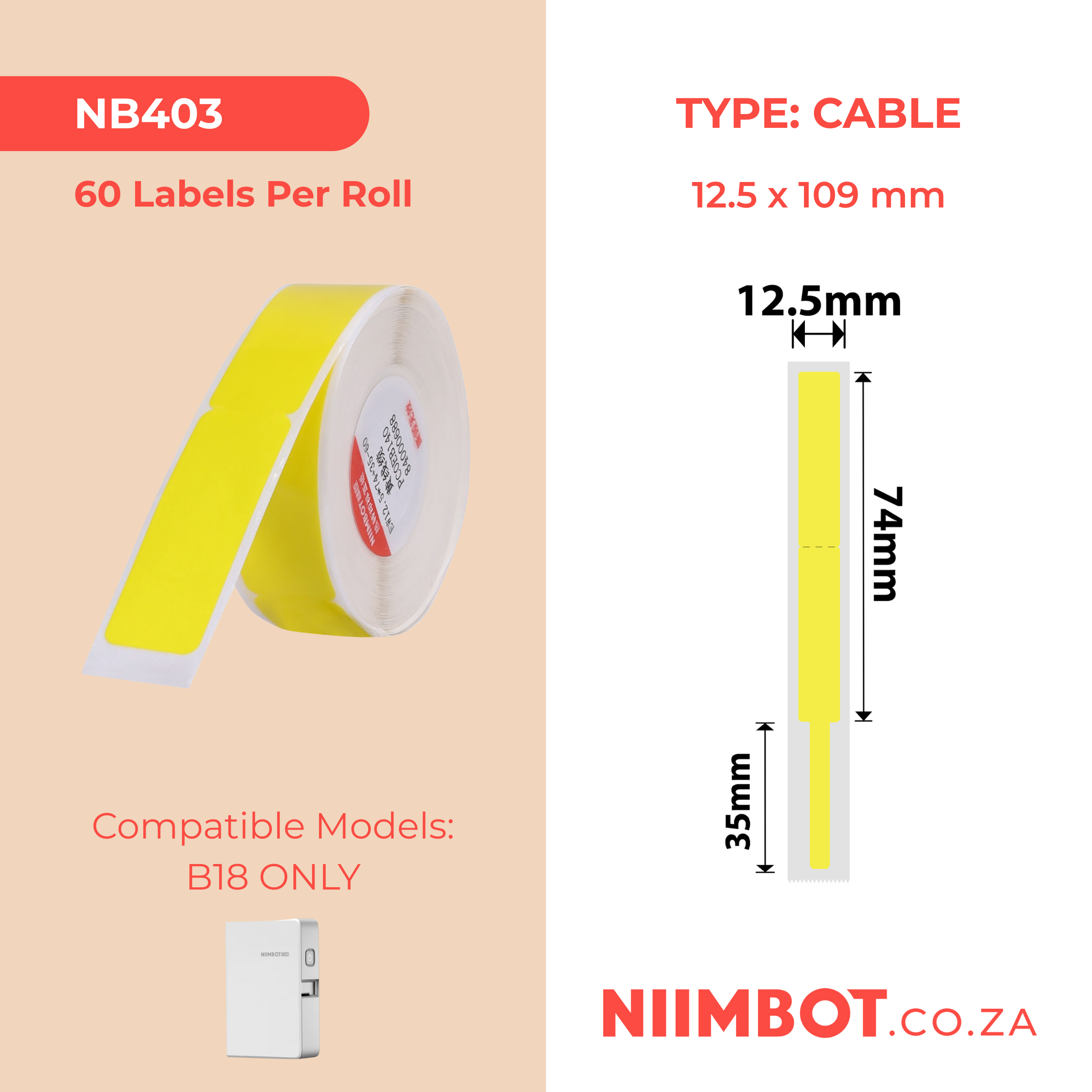 NB403 - NIIMBOT - B18 / N1 - EW12.5*109mm - 60 LABELS PER ROLL - YELLOW - CABLE