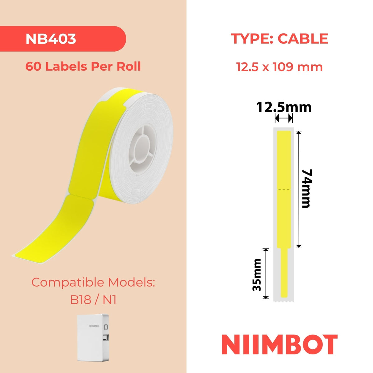 NIIMBOT - N1 - 12.5x109mm - Yellow Cable - 60 Labels