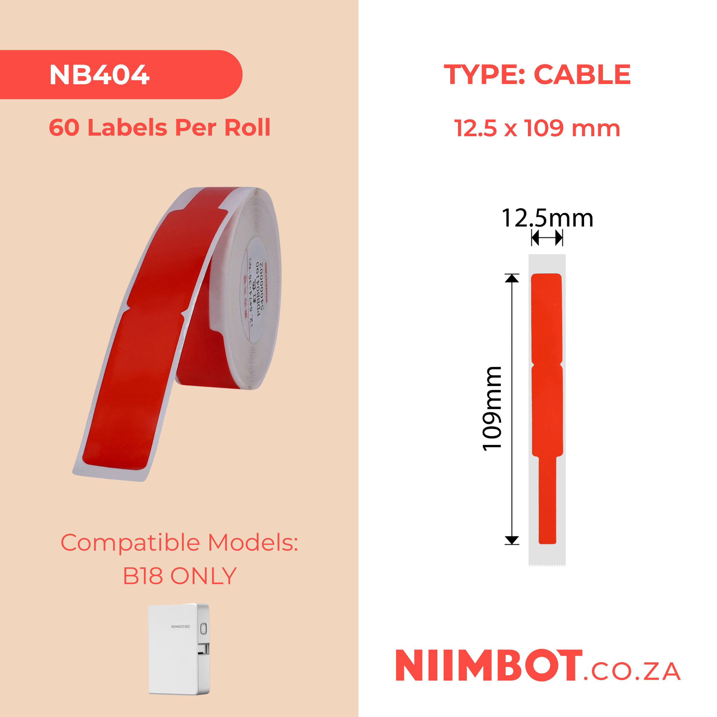 NB404 - NIIMBOT - B18 / N1 - EW12.5*109mm - 60 LABELS PER ROLL - RED - CABLE