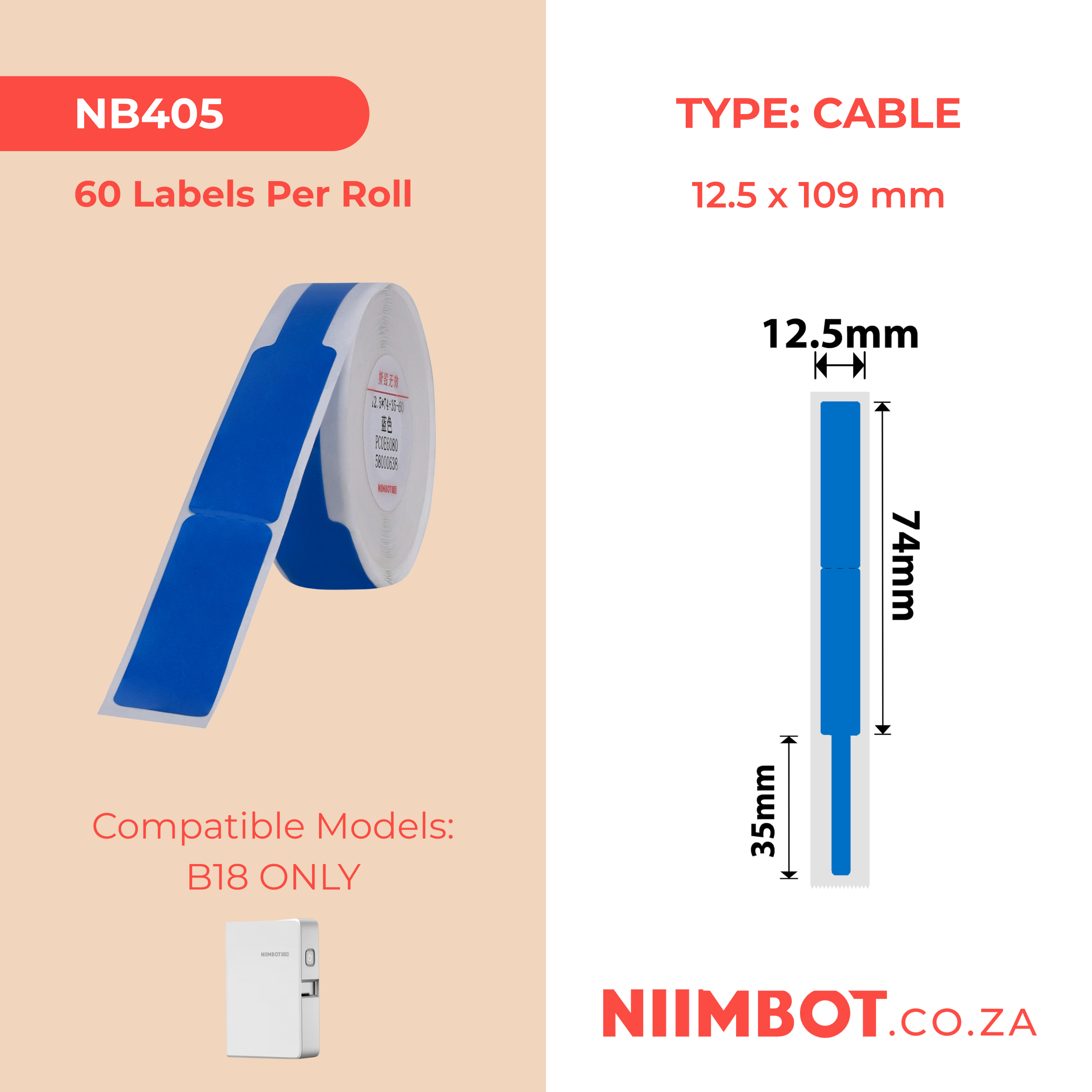 NB405 - NIIMBOT - B18 / N1 - EW12.5*109mm - 60 LABELS PER ROLL - BLUE - CABLE