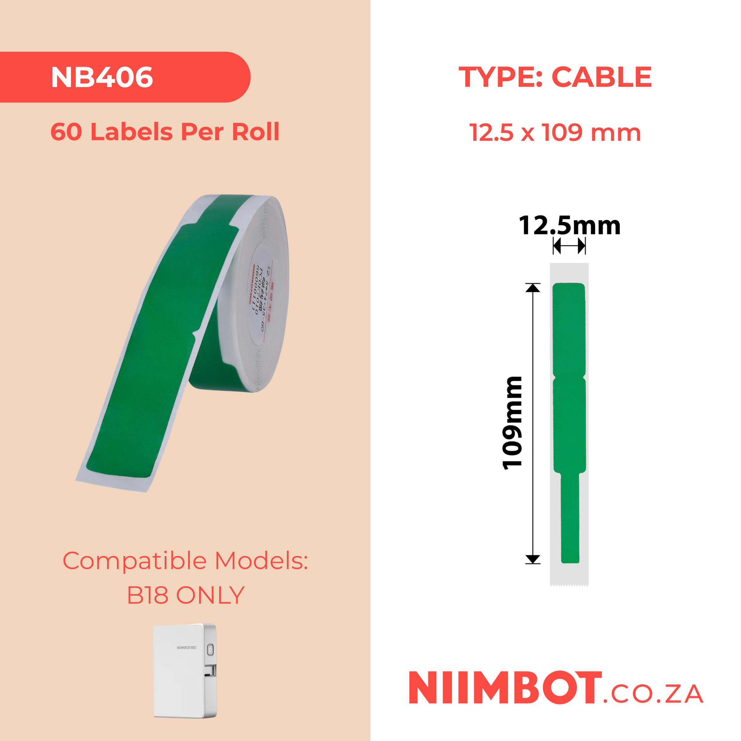 NB406 - NIIMBOT - B18 / N1 - EW12.5*109mm - 60 LABELS PER ROLL- GREEN - CABLE