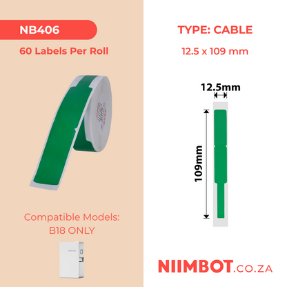 NB406 - NIIMBOT - B18 / N1 - EW12.5*109mm - 60 LABELS PER ROLL- GREEN - CABLE