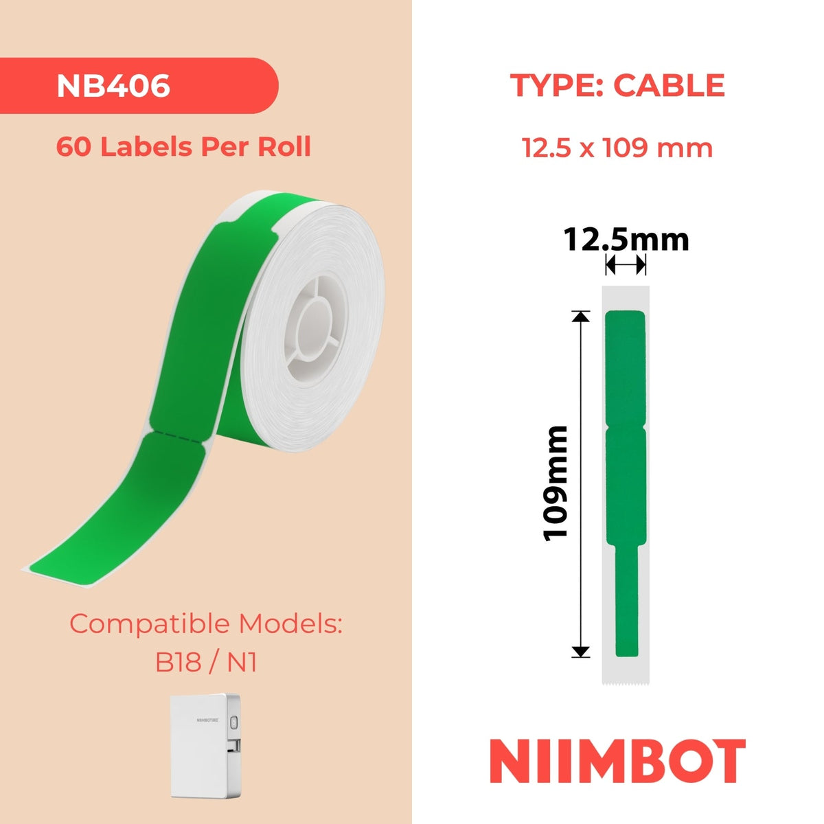 NB406 - NIIMBOT - B18 - EW12.5*109mm - 60 ETIKETTE PER ROL - GROEN KLEURONTWERP