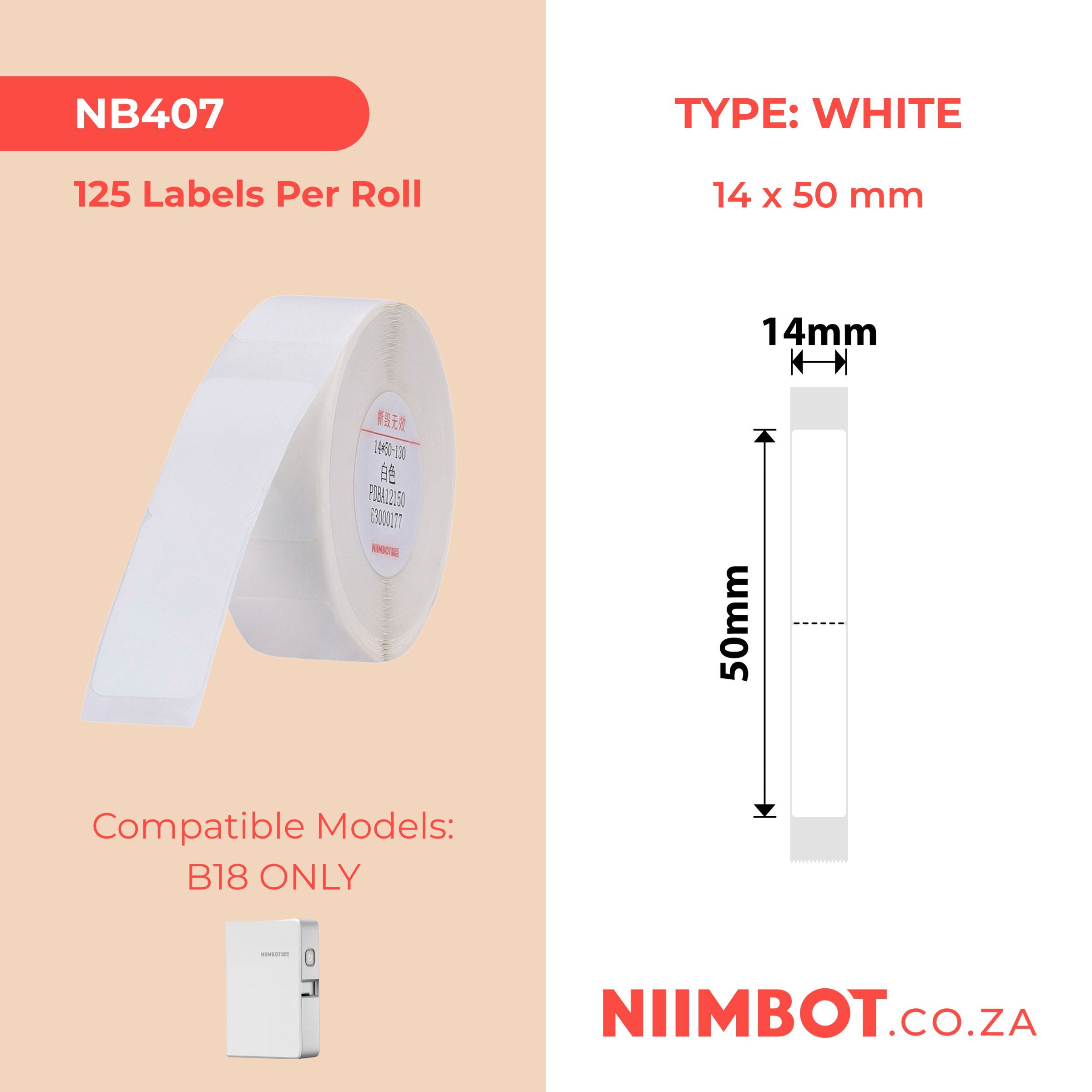 NB407 - NIIMBOT - B18 / N1 - EW14*50mm - 125 LABELS PER ROLL - WHITE