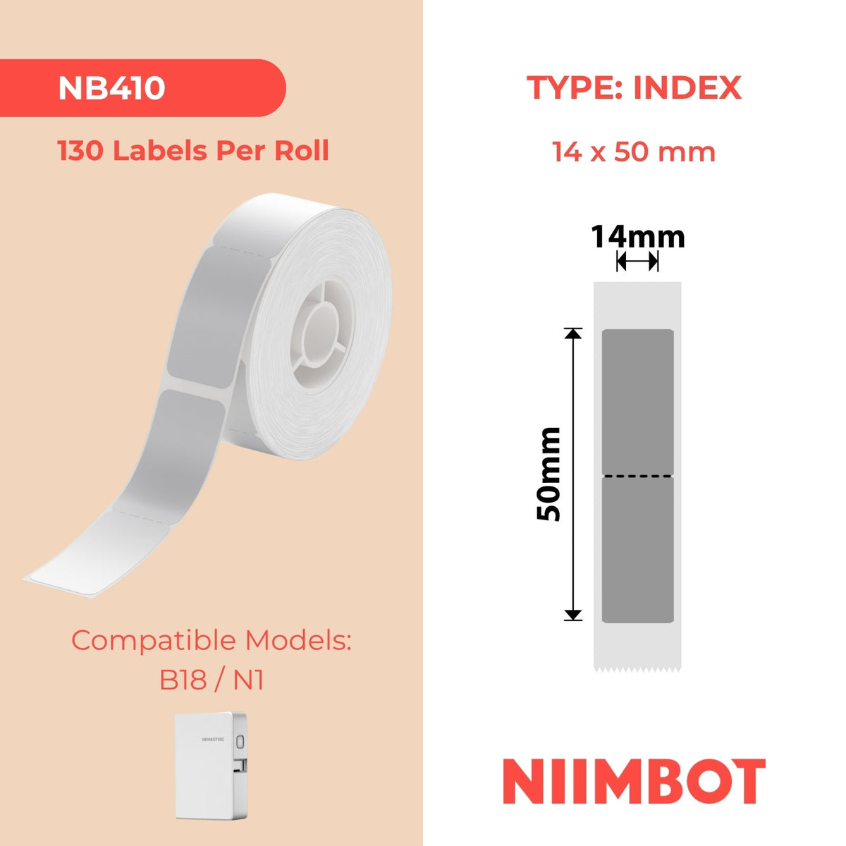 NB410 - NIIMBOT - B18 - EY14*50mm - 130 ETIKETTE PER ROL - DONKERSILWER ONTWERP