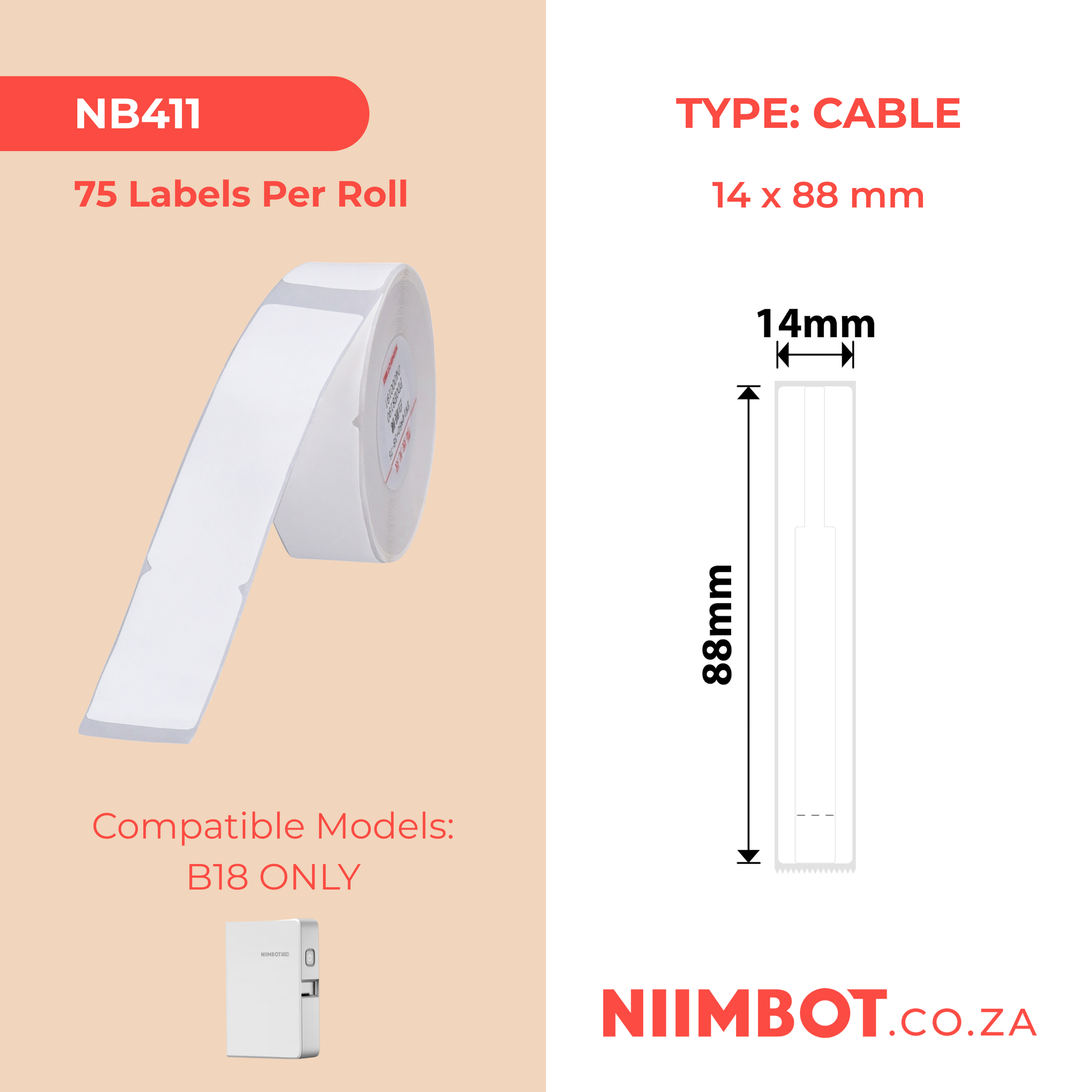 NB411 - NIIMBOT - B18 / N1 - EL14*88mm - 75 LABELS PER ROLL - WHITE