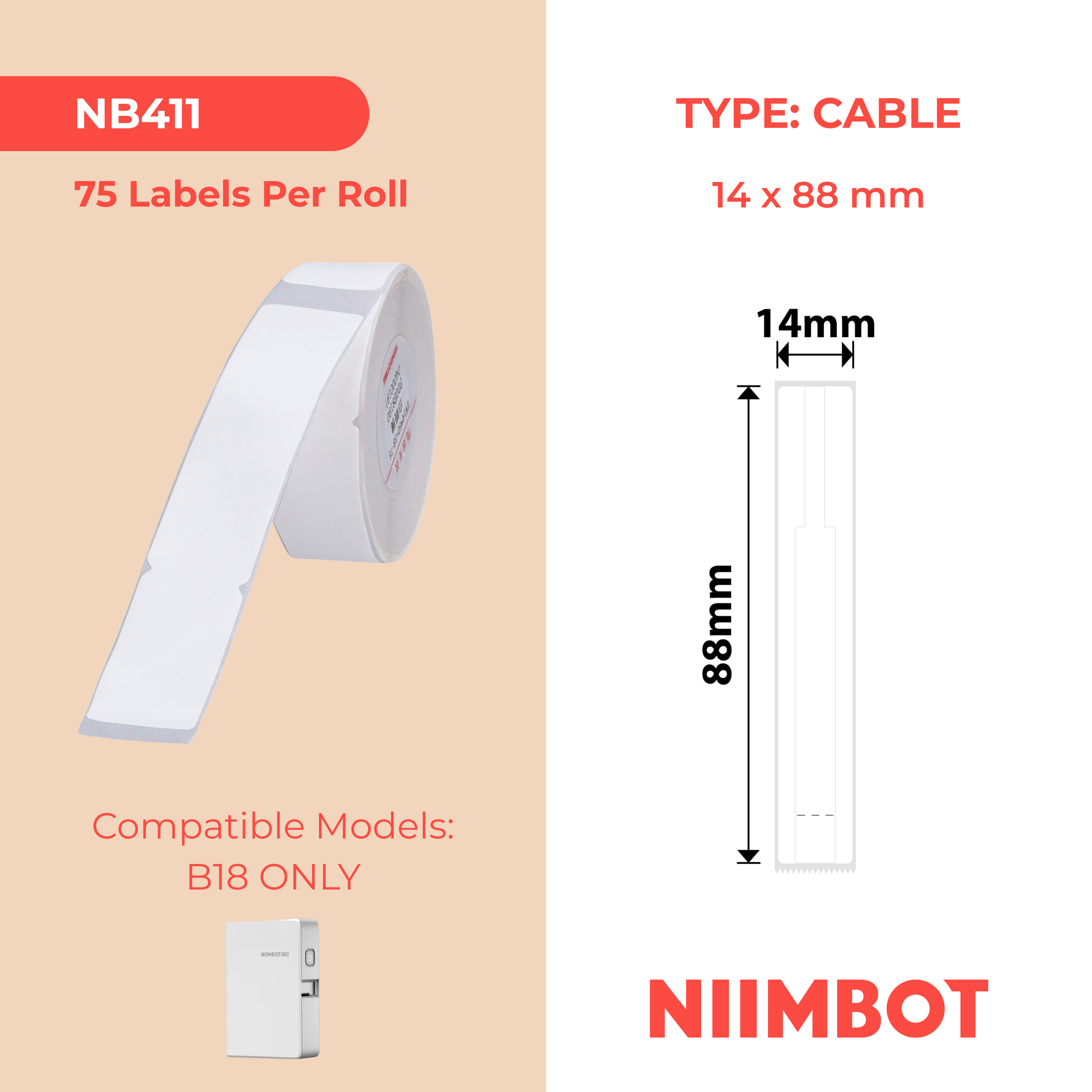 NB411 - NIIMBOT - B18 / N1 - EL14X88mm - 75 LABELS PER ROLL - WHITE