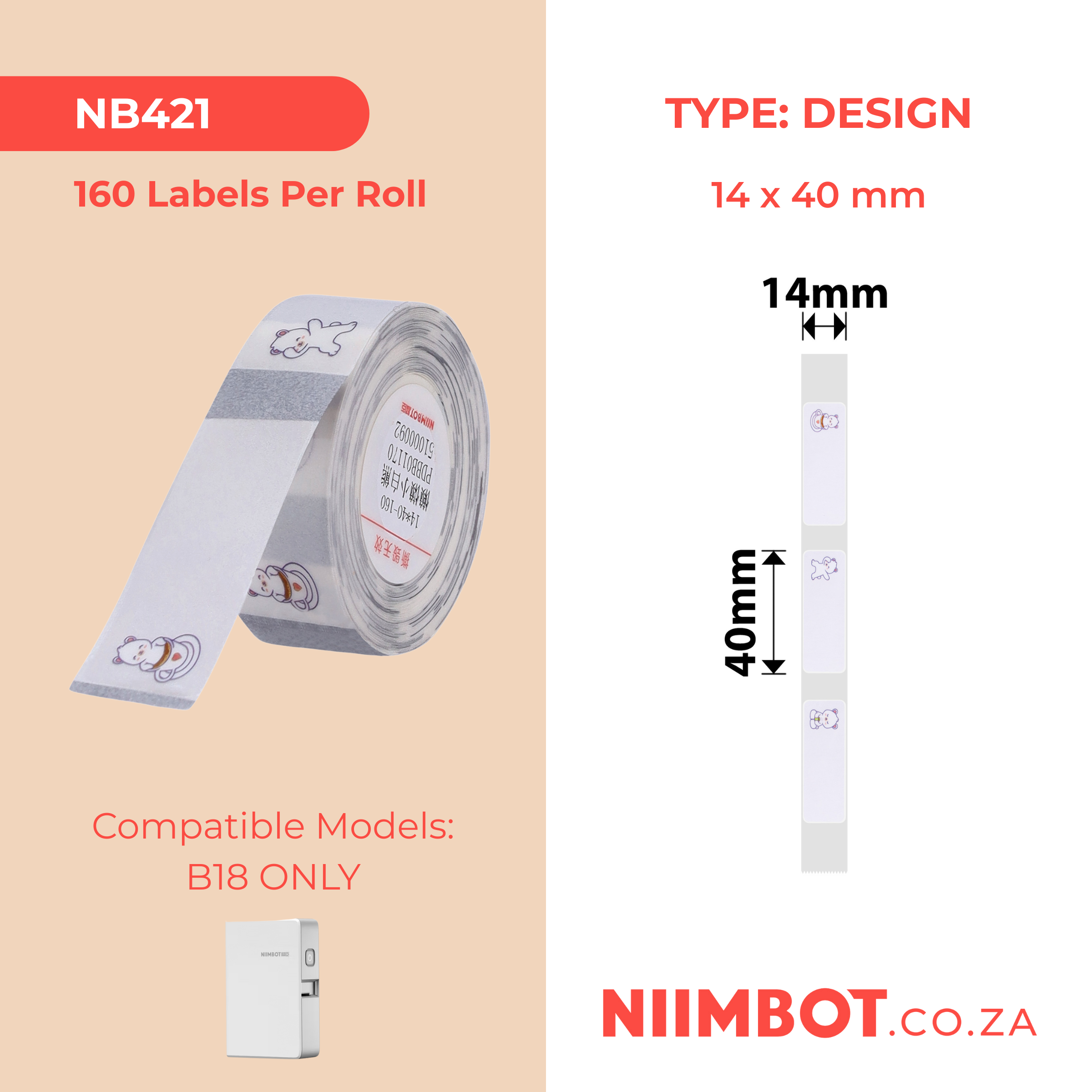 NB421 - NIIMBOT - B18 / N1 - EM14*40mm - 160 LABELS PER ROLL - BEAR DESIGN