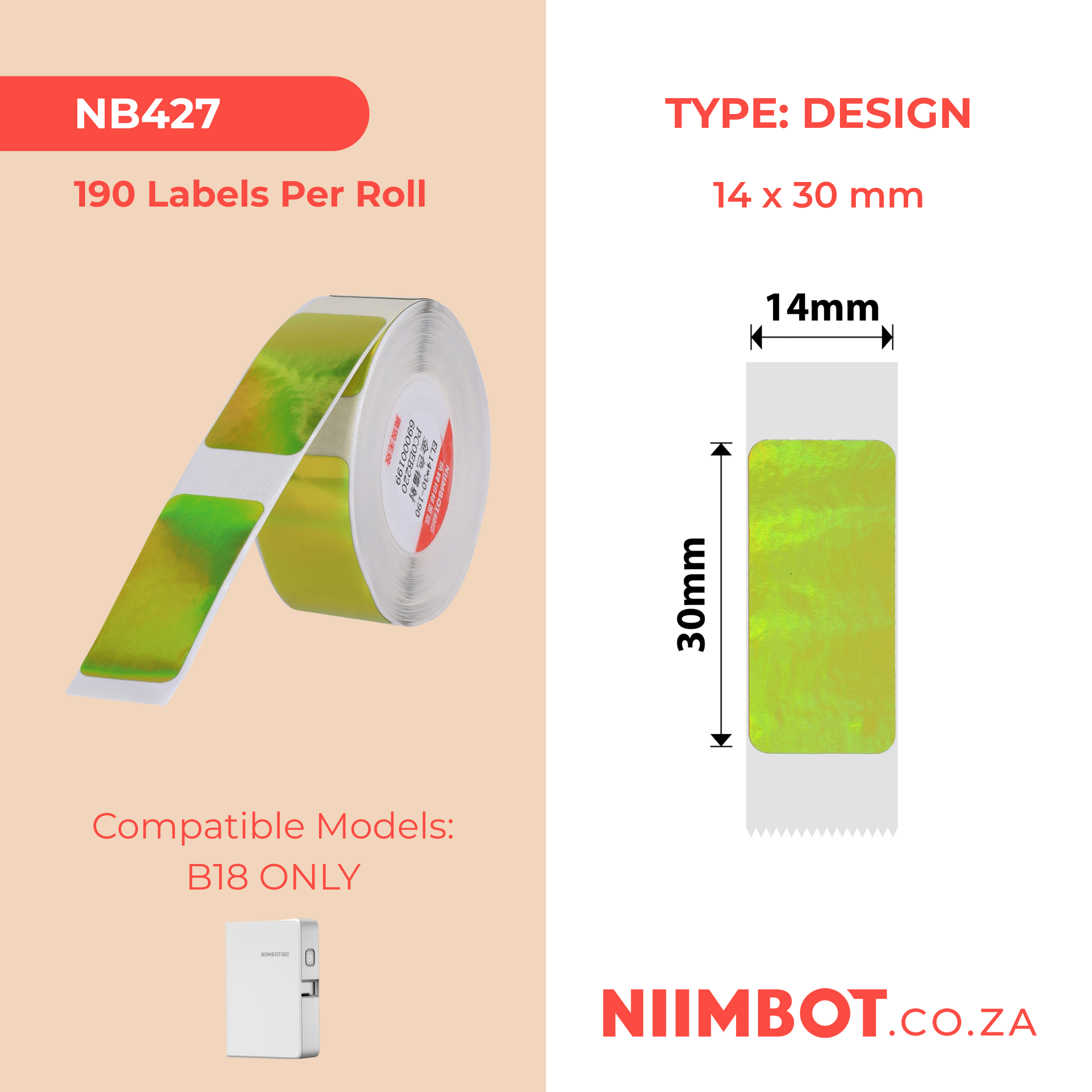 NB427 - NIIMBOT - B18 / N1 - EL14*30mm -190 LABELS PER ROLL - HOLOGRAM - GOLDEN