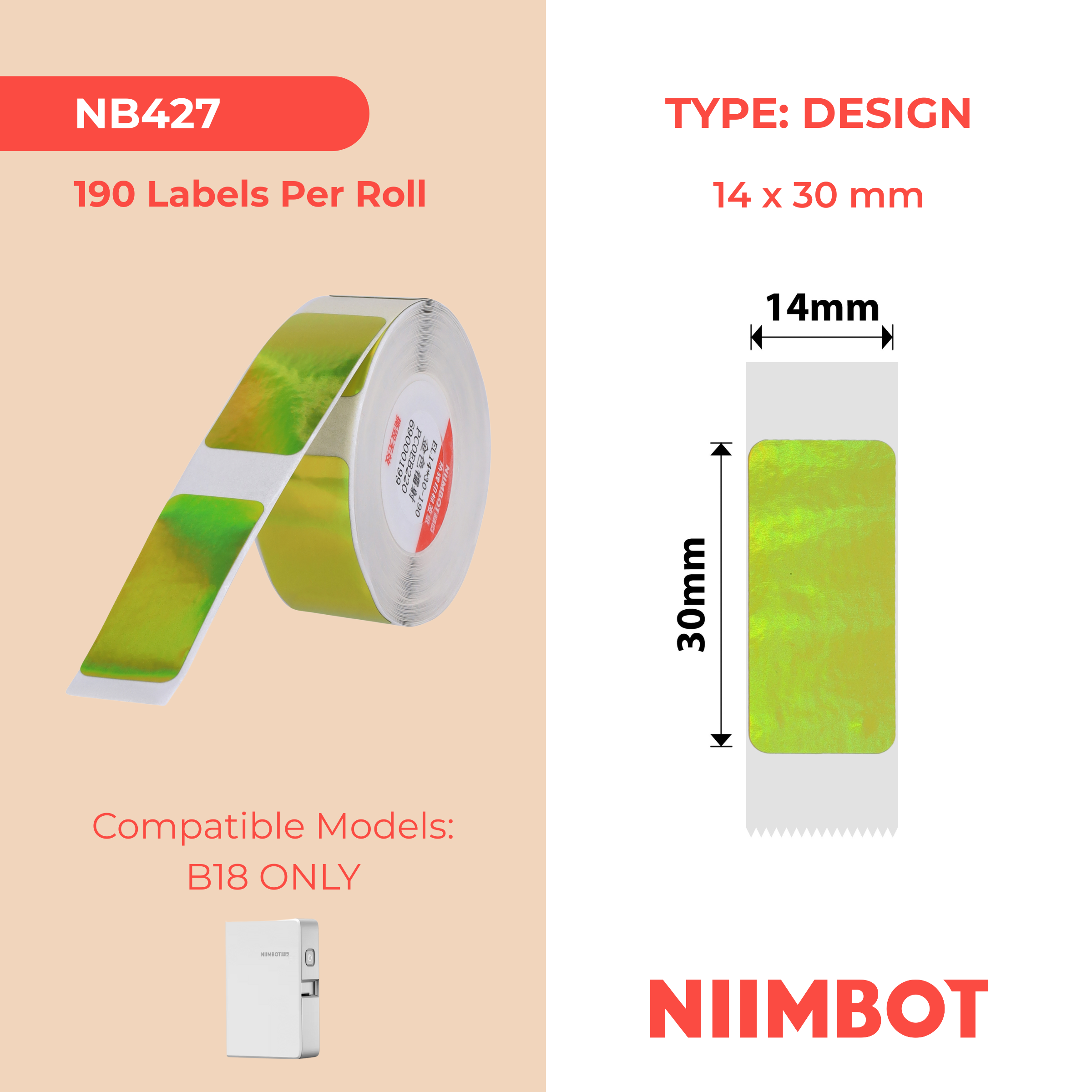 NB427 - NIIMBOT - B18 / N1 - EL14X30mm - 190 LABELS PER ROLL - HOLOGRAM - GOLDEN