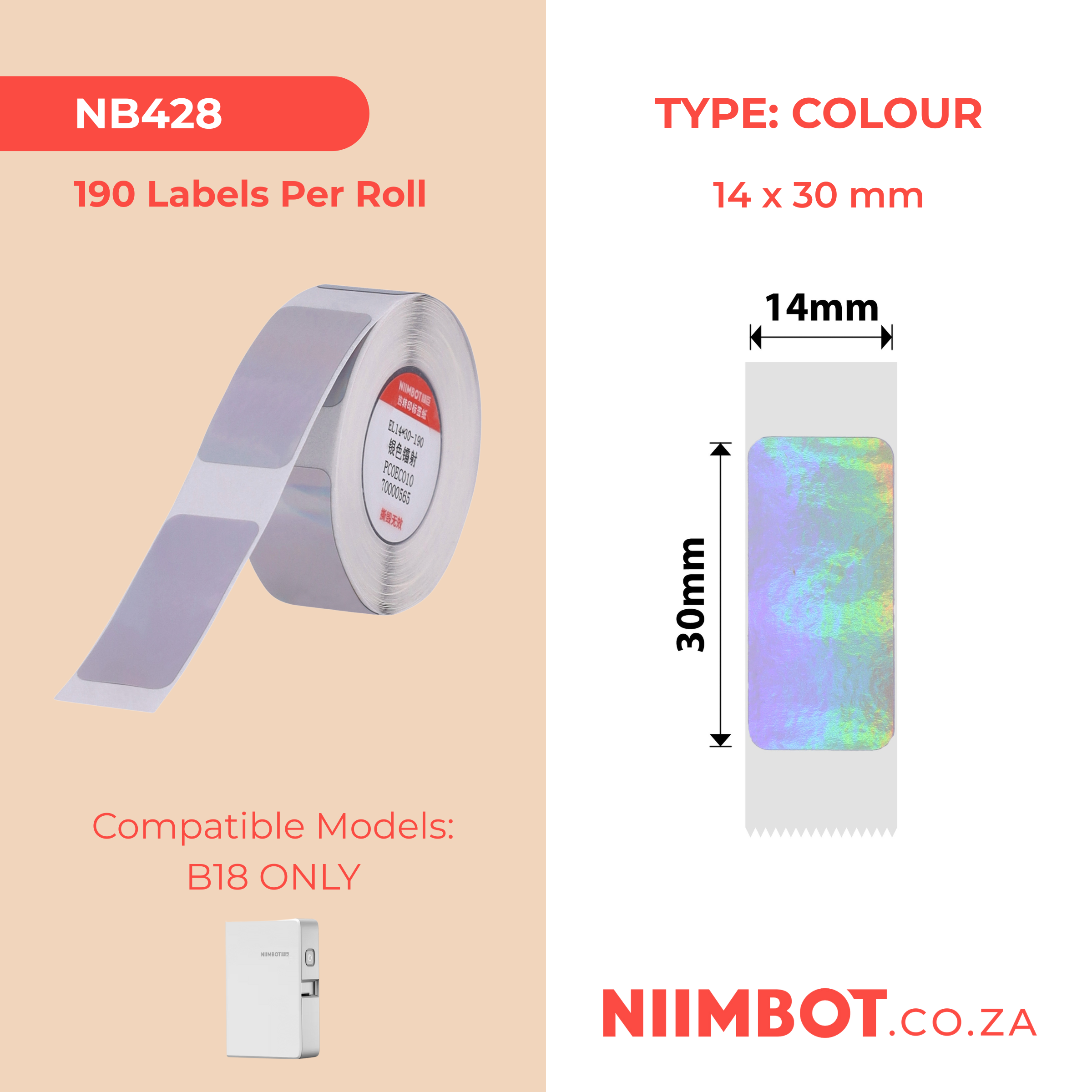 NB428 - NIIMBOT - B18 / N1 - EL14*30mm -190 LABELS PER ROLL -  HOLOGRAM SILVER