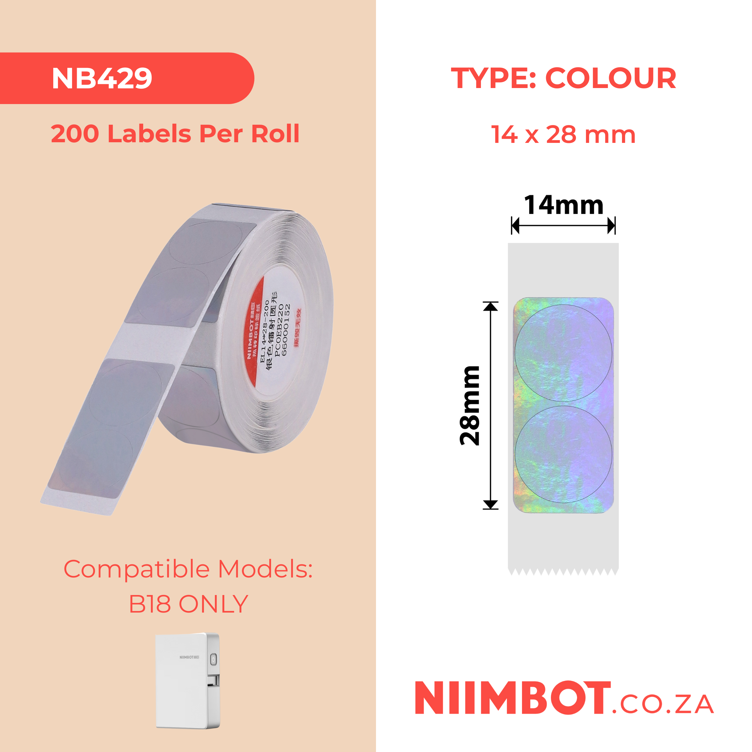 NB429 - NIIMBOT - B18 / N1 - EL14*28mm -200 LABELS PER ROLL- HOLOGRAM ROUND SILVER