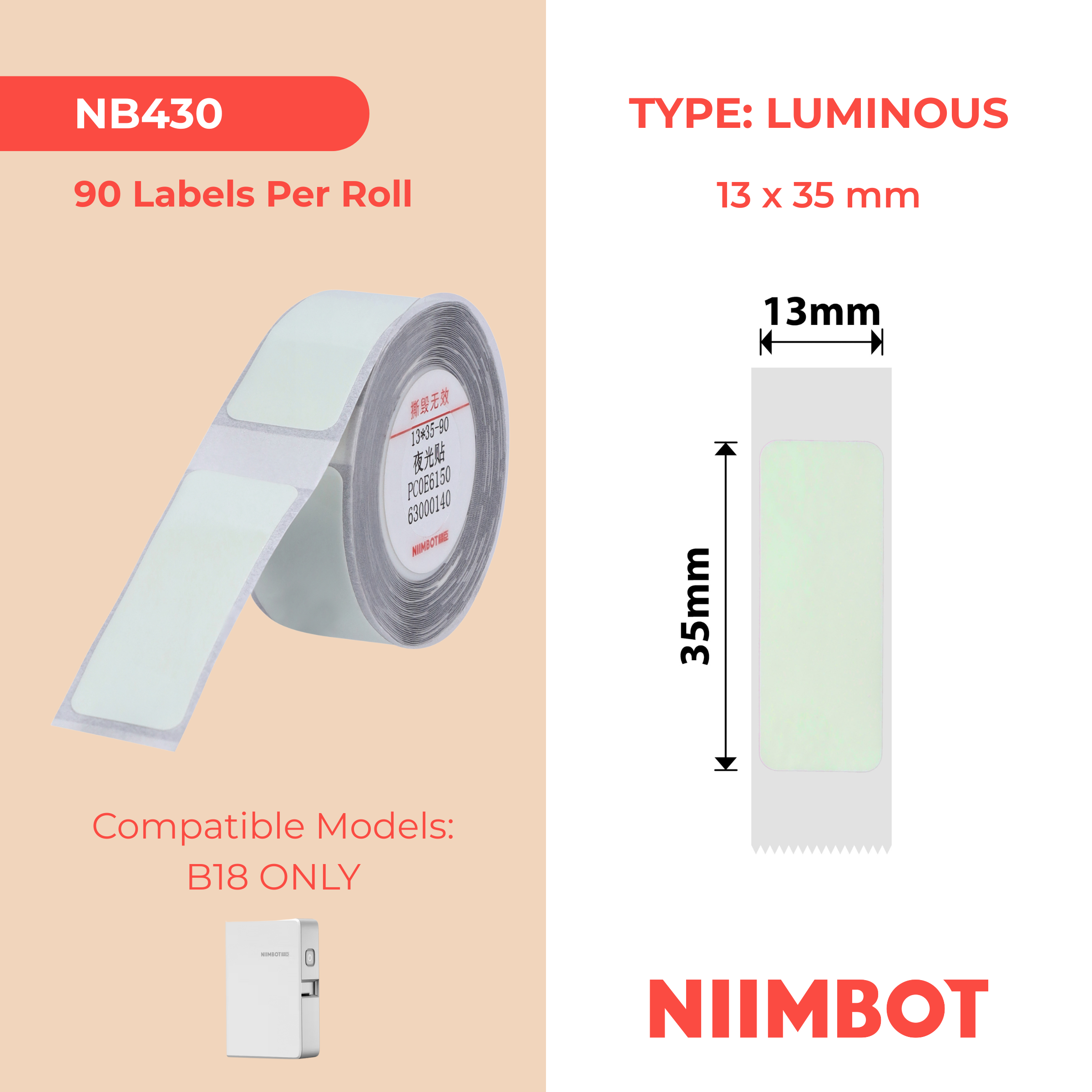 NB430 - NIIMBOT - B18 - EL13*35mm - 90 ETIKETTE PER ROL - LIGGENDE ONTWERP