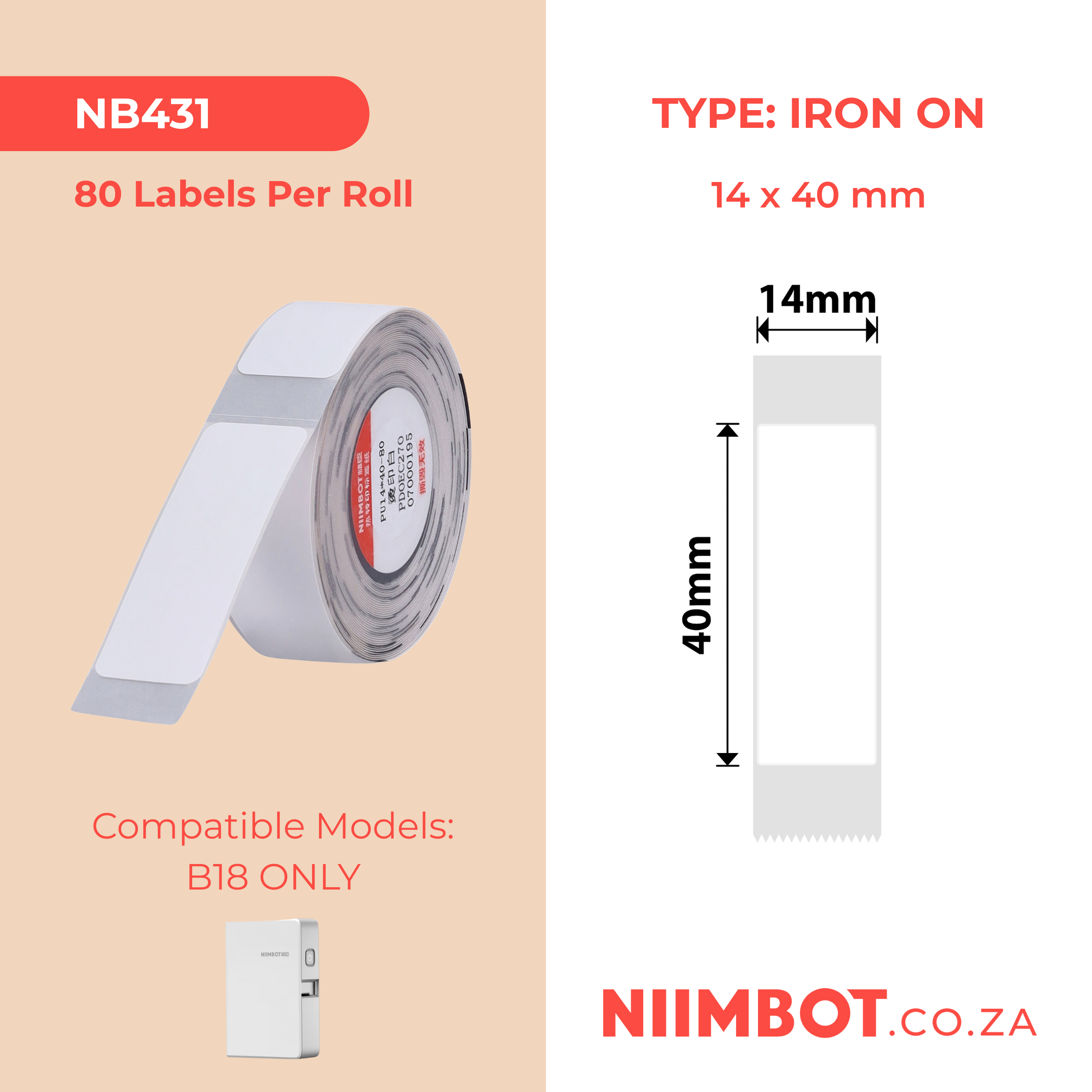 NB431 - NIIMBOT - B18 / N1 - PU14*40mm - 80 LABELS PER ROLL - IRON ON LABEL