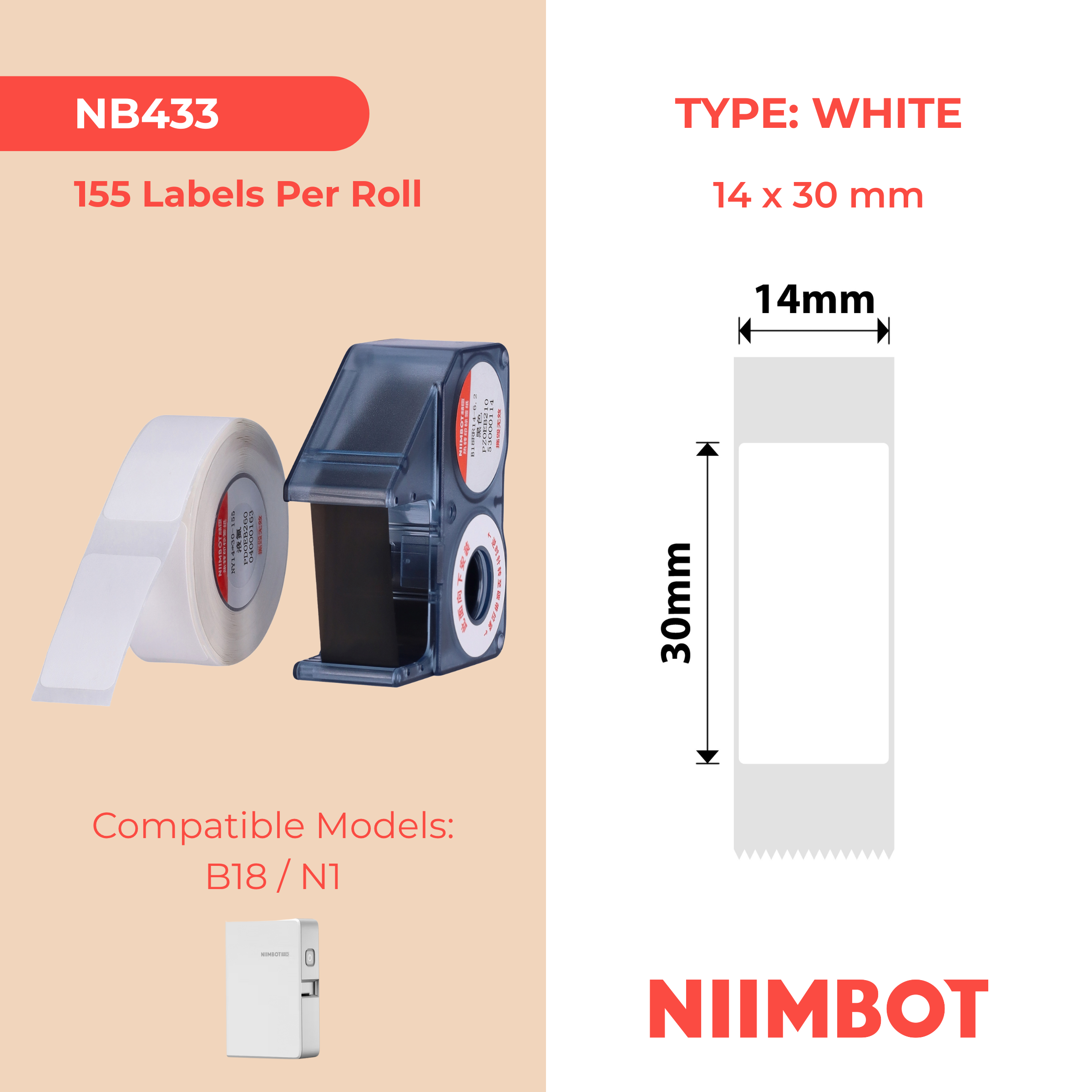 NB433 - Niimbot - N1 - 14x30mm - 155 White Liquid Nitrogen Labels & Black Cartridge Set