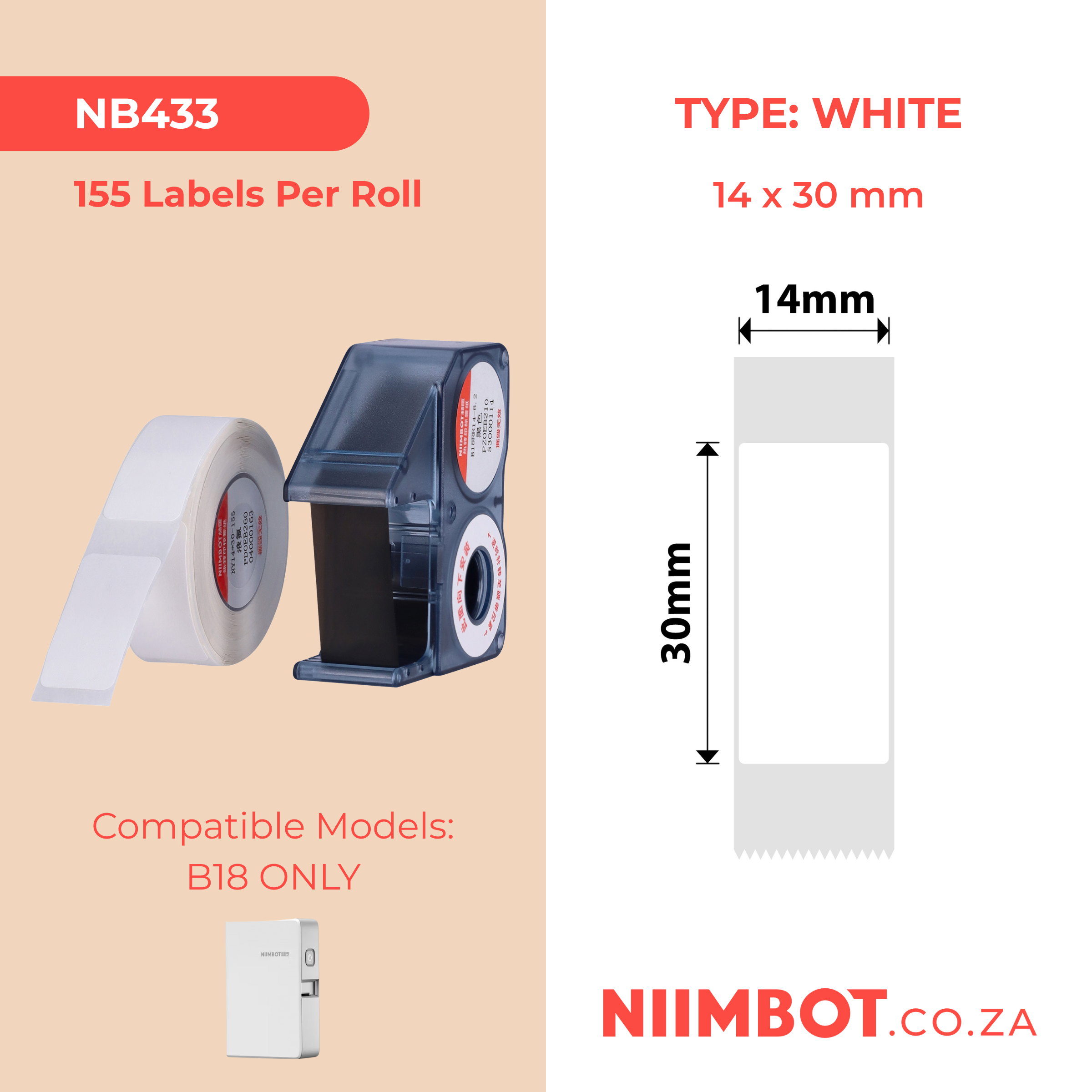 NB433 - NIIMBOT - B18 / N1 - NY14*30MM - WHITE LIQUID NITROGEN LABEL AND BLACK CARTRIDGE SET - 155 LABELS PER ROLL