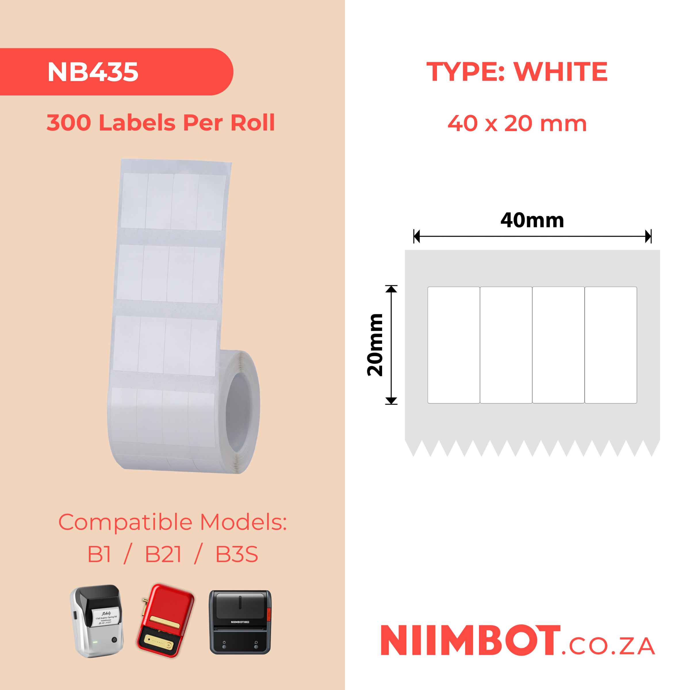 NB435 - NIIMBOT - B1 / B21 / B3S - T40X20 - 300 LABELS PER ROLL - (10X20/4) - WHITE