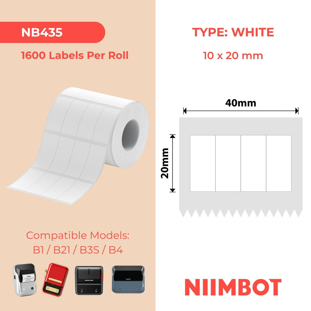 I-NB435 - NIIMBOT - B1 / B21 / B3S - T40X20 - 300 AMALEBO NGOKUQONGA NGAWO - (10X20/4) - EMHLOPHE