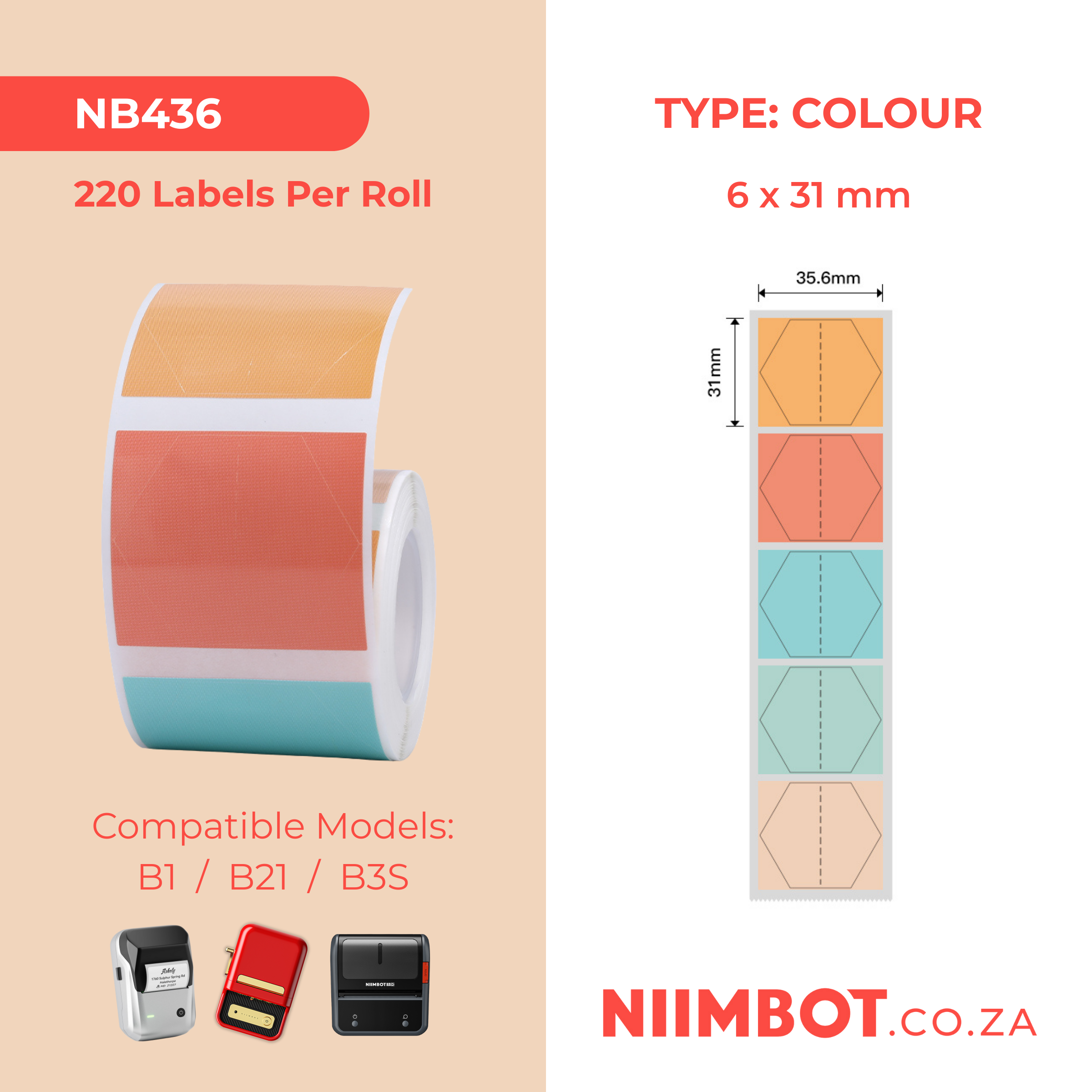 NB436 - NIIMBOT - B1 / B21 / B3S - 35.6*31MM - 220 THERMAL LABELS (MULTI-COLOUR) - HEXAGON DESIGN