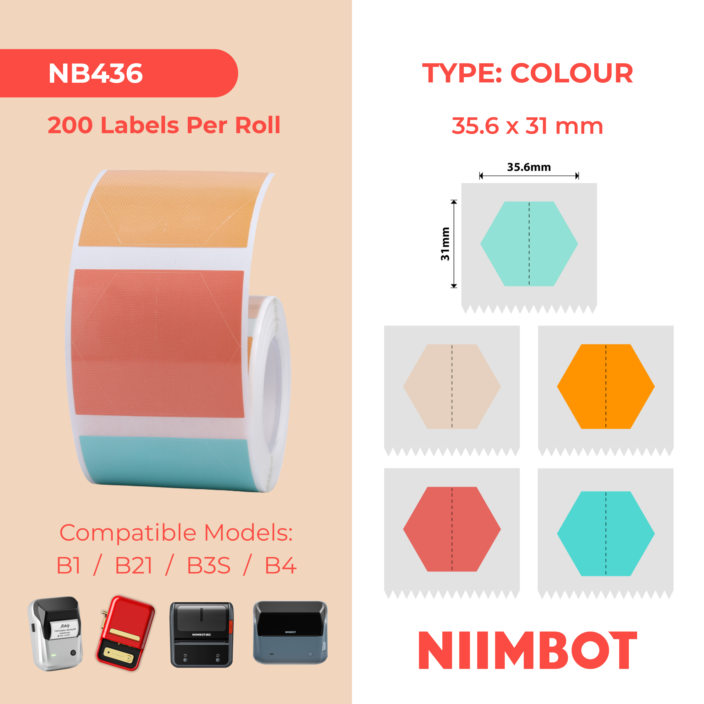 NIIMBOT - B Range - 35.6x31mm - Multi-Colour Hexagon - 220 Labels