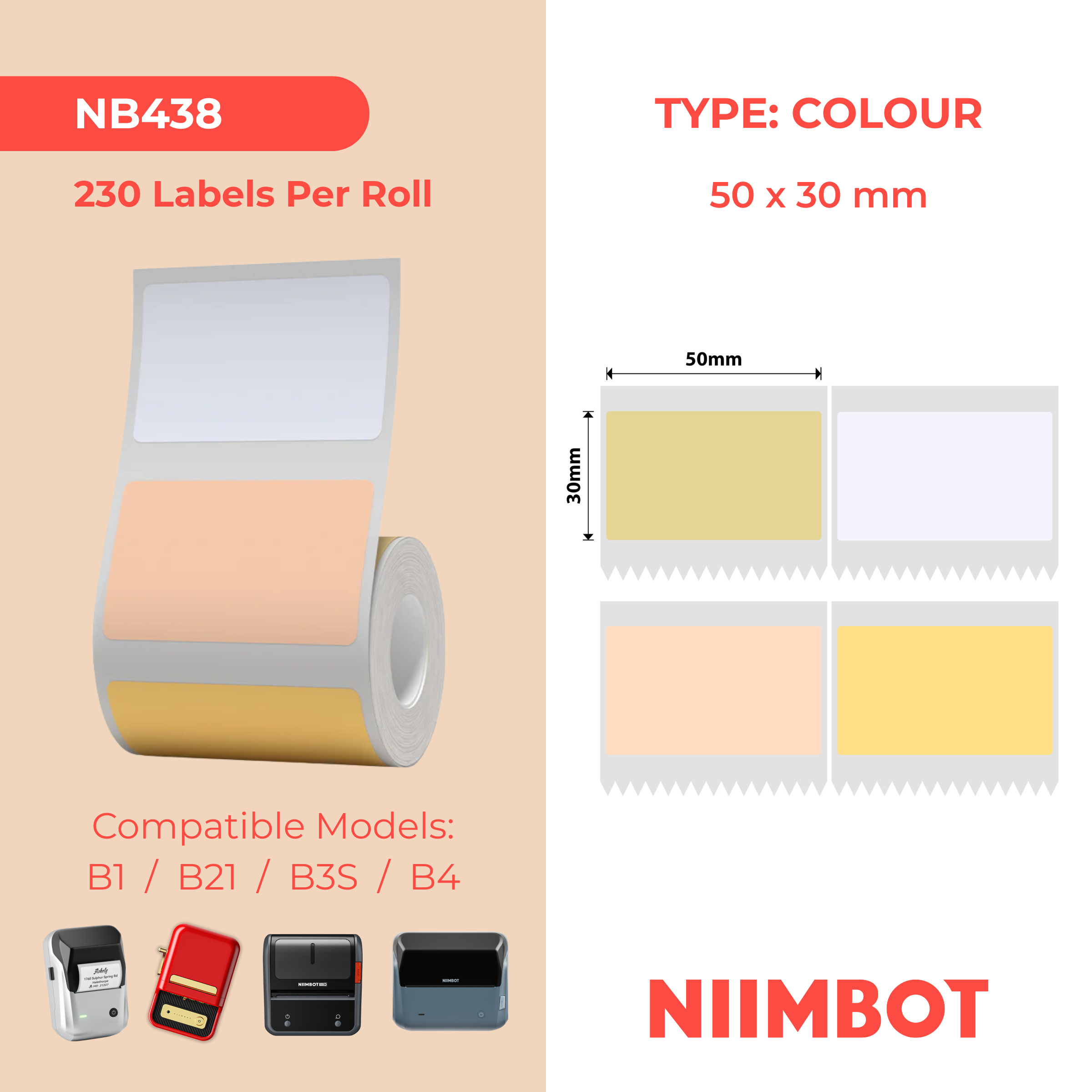 NB438 - NIIMBOT - B1 / B21 / B3S - 50*30MM - 230 TERMIESE ETIKETTE - GENEES DIE BOS-ONTWERP