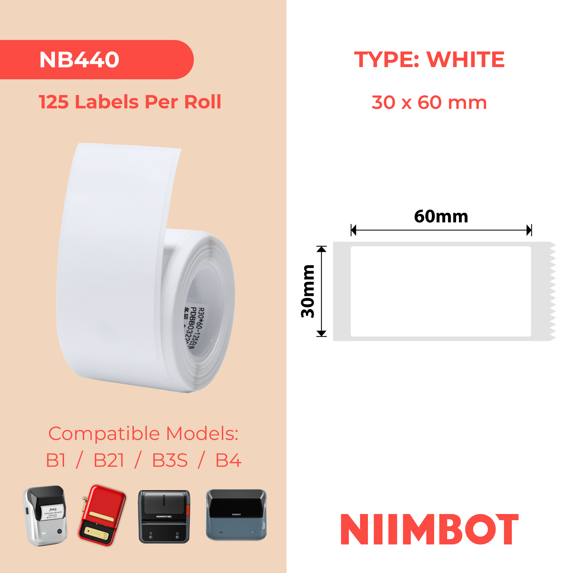 I-NB440 - NIIMBOT - B1 / B21 / B3S - 30*60MM - 125 AMALEBO NGOKUQONGA NGAWO - OKUMHLOPHE