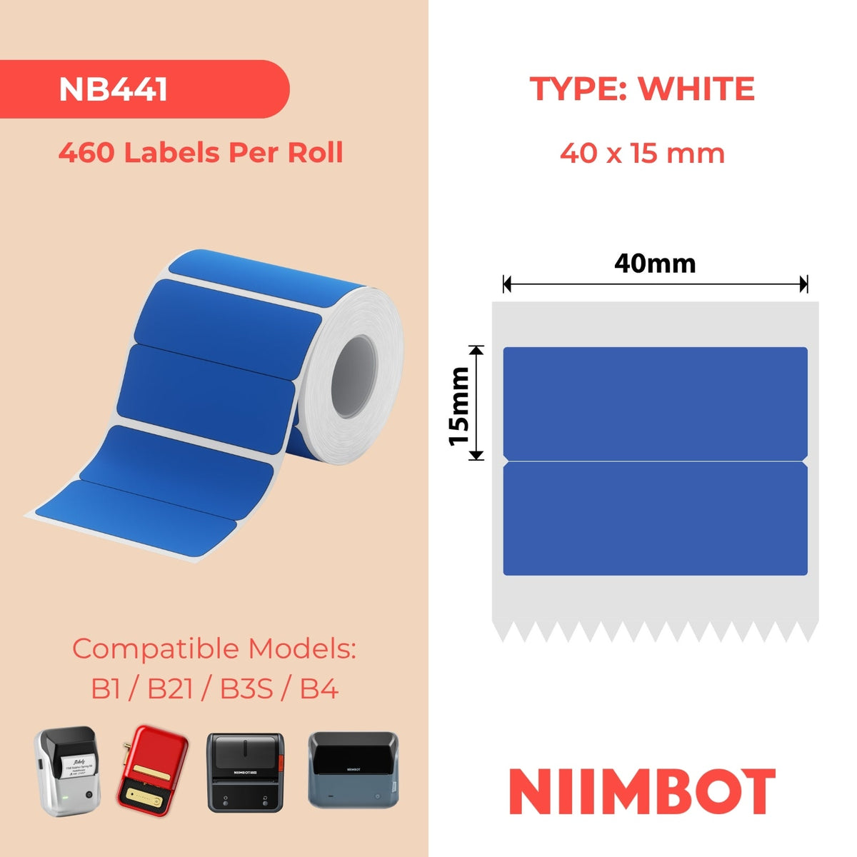 NB441 - NIIMBOT - B1 / B21 / B3S - 40*15/2MM - 460 BLOU TERMIESE ETIKETTE 