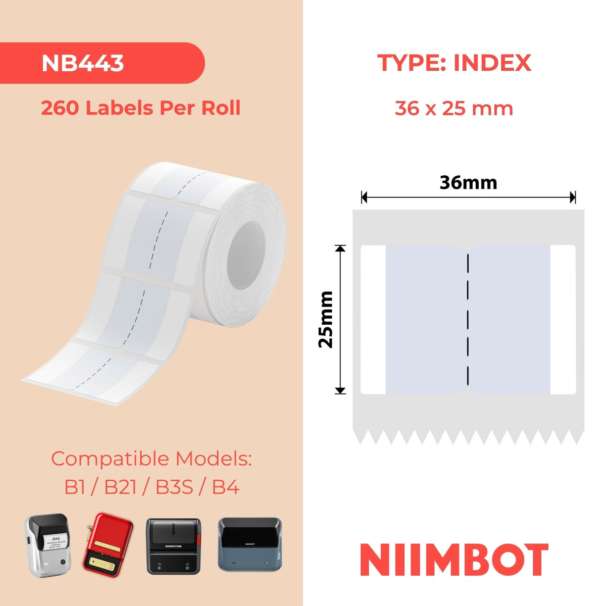 NB443 - NIIMBOT - B1 / B21 / B3S - T36*25 - 260 ETIKETTE PER ROL - GRYS INDEKSPLAKKERONTWERP