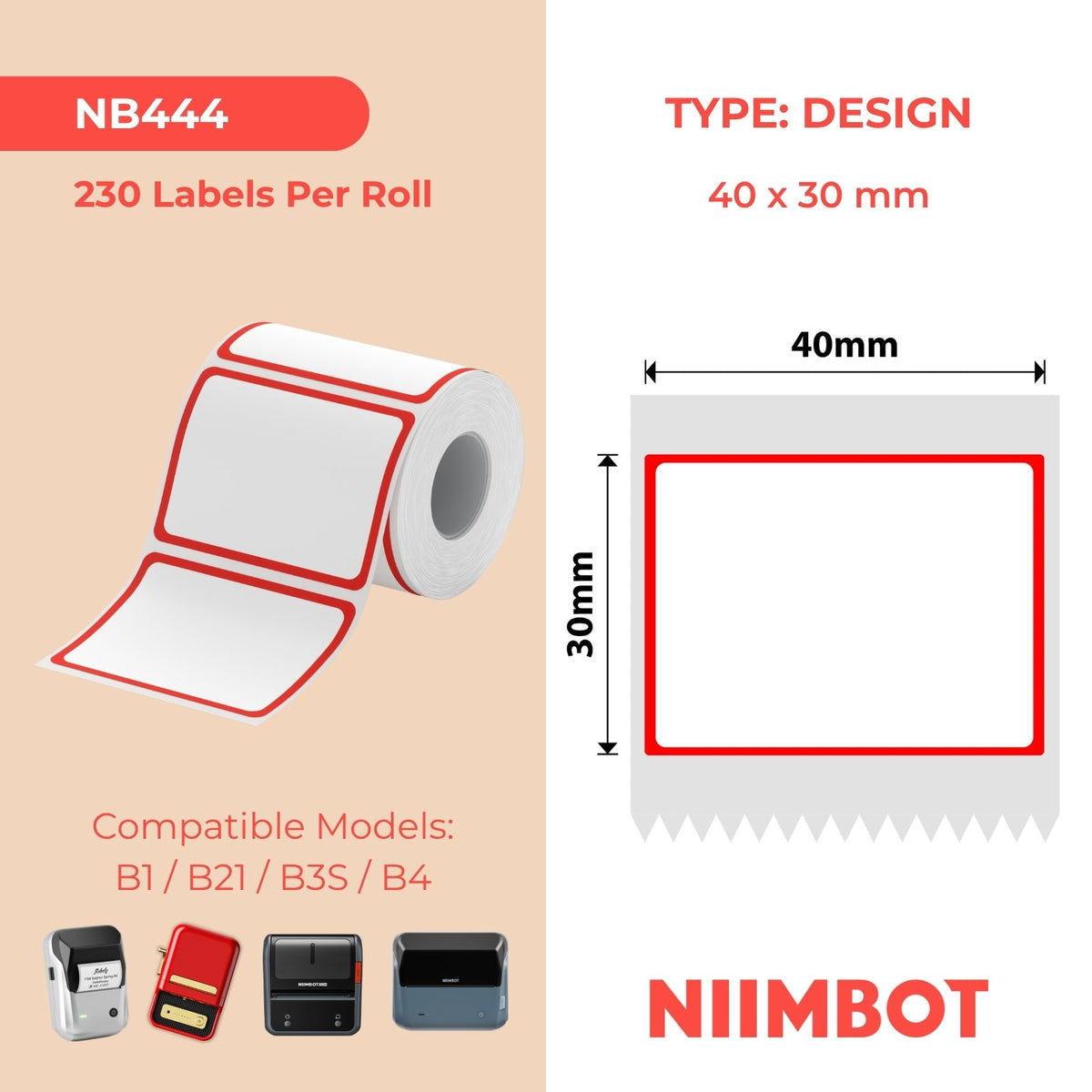 NB444 - NIIMBOT - B1 / B21 / B3S - 40*30MM - 230 TERMIESE ETIKETTE - ROOI RAAMONTWERP 
