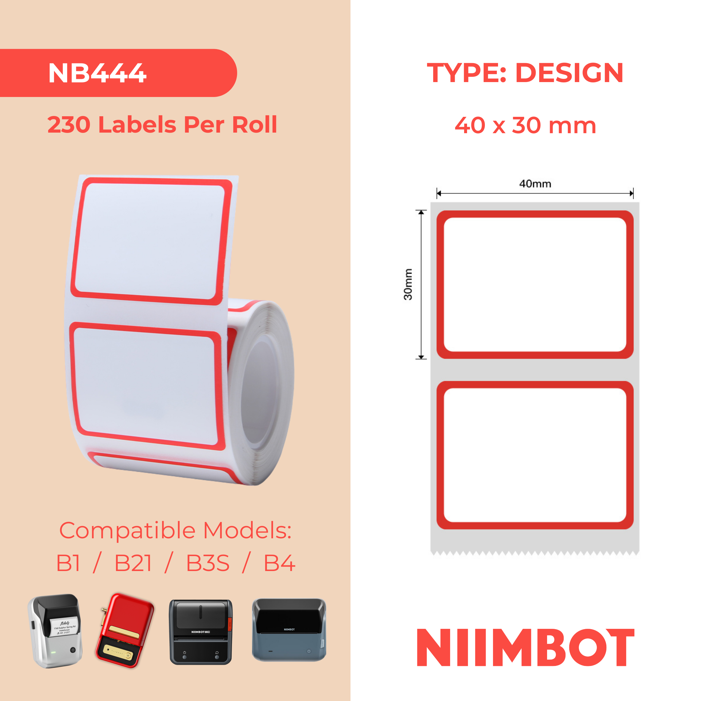 NB444 - NIIMBOT - B1 / B21 / B3S / B4 - 40X30MM - 230 RED FRAME LABELS