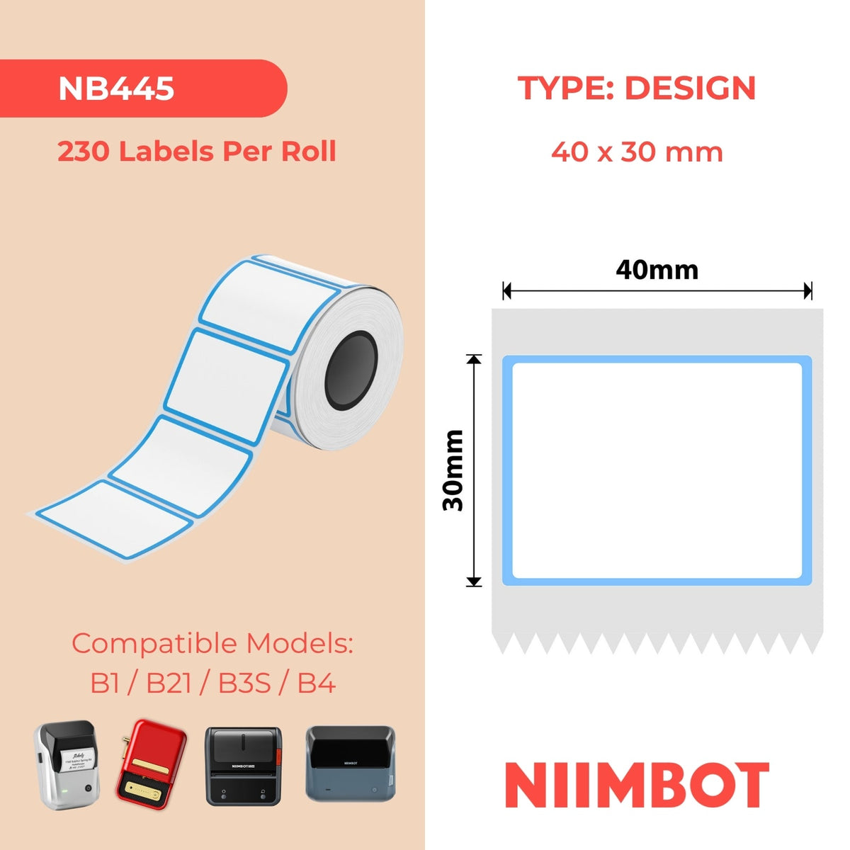NB445 - NIIMBOT - B1 / B21 / B3S - 40*30MM - 230 ETIKETTE PER ROL - BLOU RAAMONTWERP