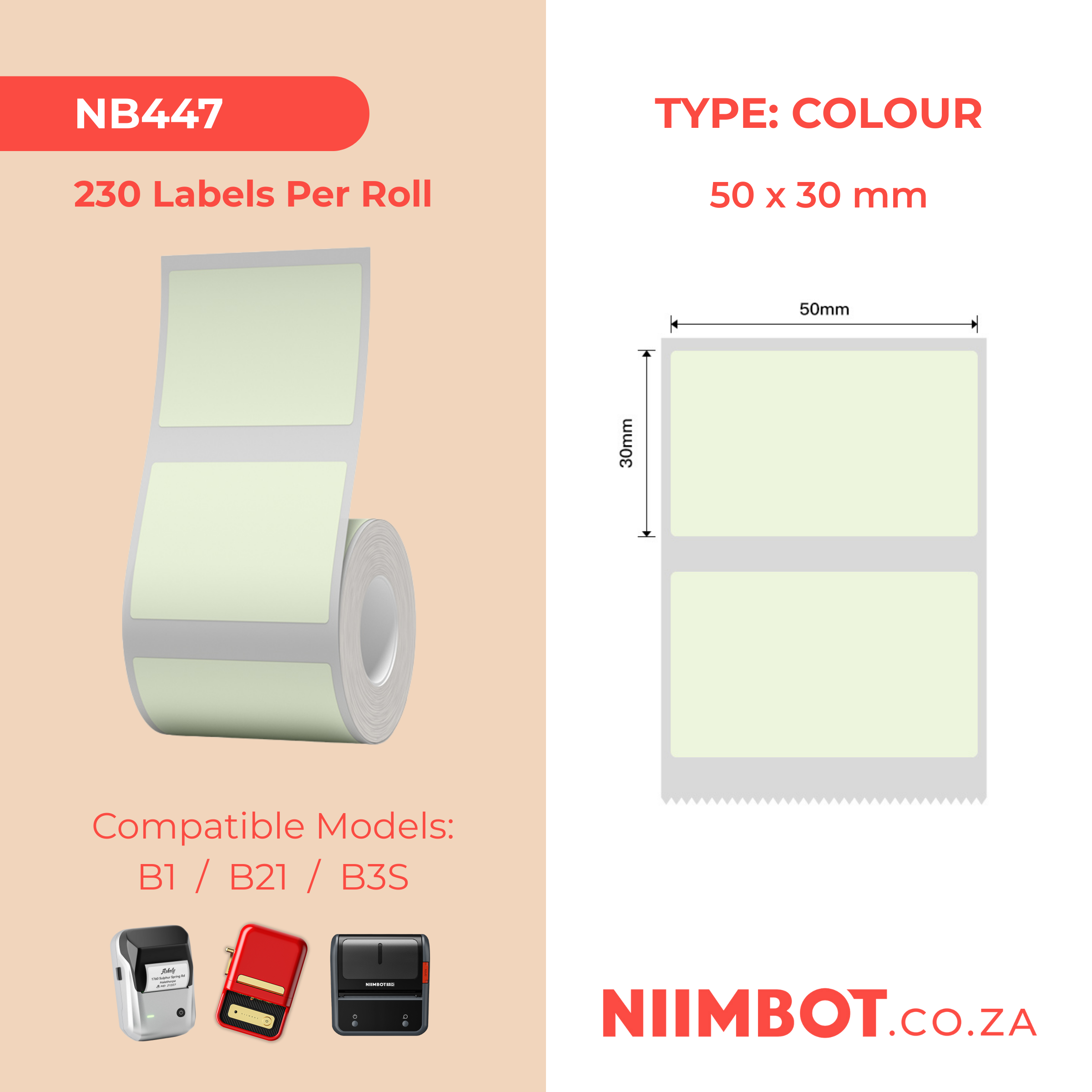 NB447 - NIIMBOT - B1 / B21 / B3S - 50X30MM - 230 SOLID GREEN THERMAL LABELS
