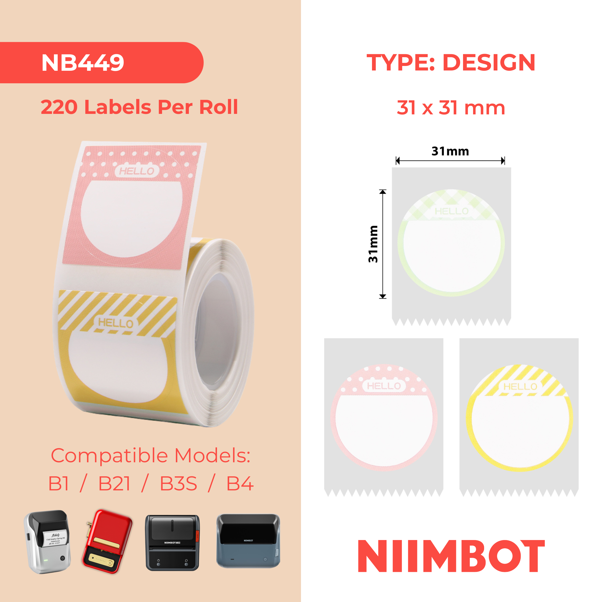 NB449 - NIIMBOT - B1 / B21 / B3S - T31*31 - 220 ETIKETTE PER ROL - HELLO DESIGN