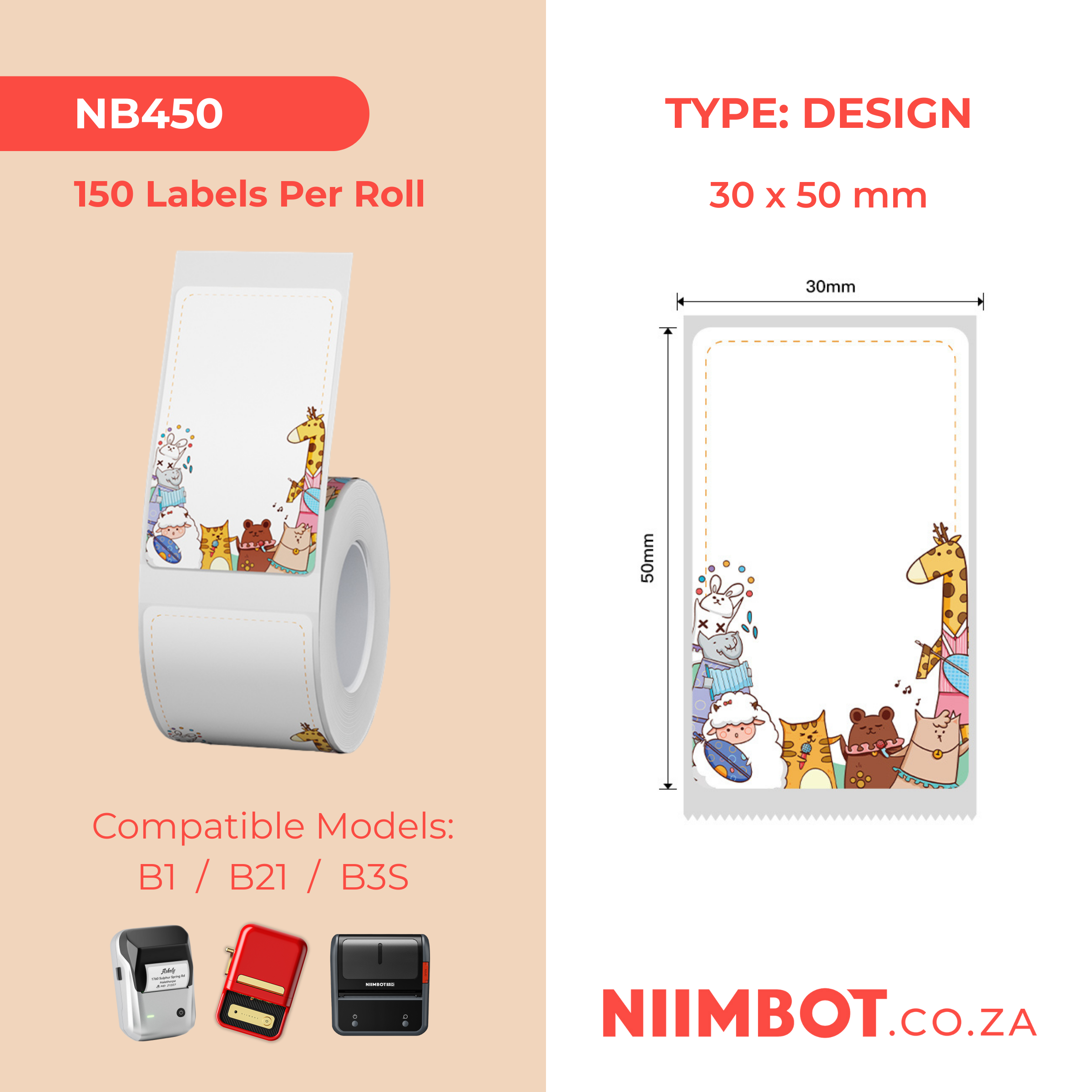 NB450 - NIIMBOT - B1 / B21 / B3S - 30X50MM - 150 LABELS PER ROLL - FUN ANIMAL DESIGN