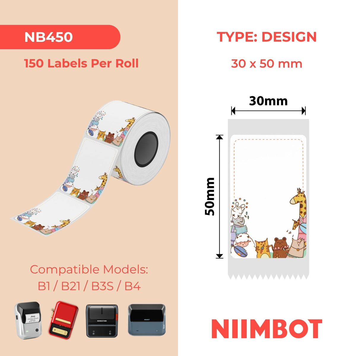 NB450 - NIIMBOT - B1 / B21 / B3S - 30*50MM - 150 ETIKETTE PER ROL - LEUKE DIERE-ONTWERP 