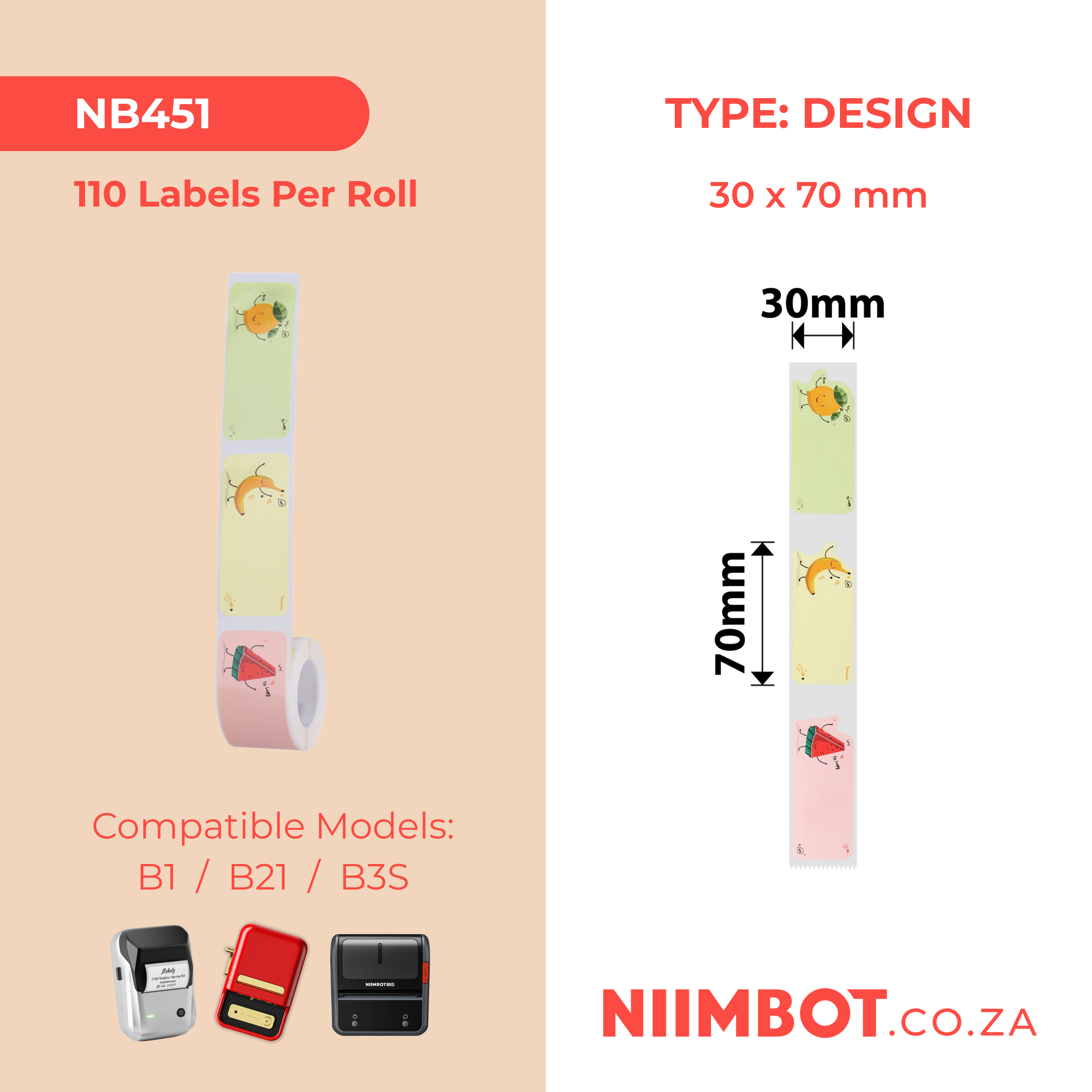 NB451 - NIIMBOT - B1 / B21 / B3S - T30X70MM - 110 LABELS PER ROLL - FRUITY PARTY DESIGN