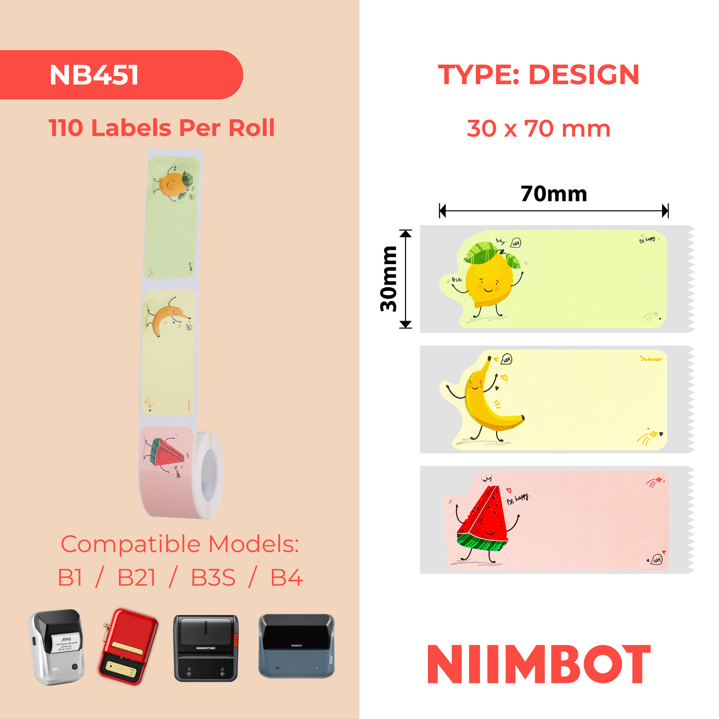 NB451 - NIIMBOT - B1 / B21 / B3S - T30*70 - 110 ETIKETTE PER ROL - VRUGTIGE PARTY-ONTWERP